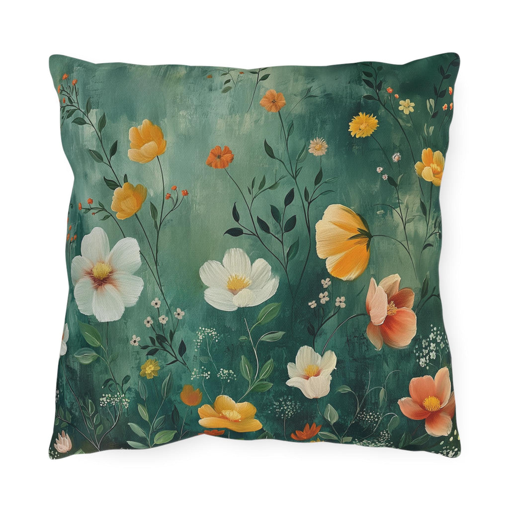 Dark Green Wildflower Garden Outdoor Pillow: Water-Resistant Floral Patio Cushion Accent Decor