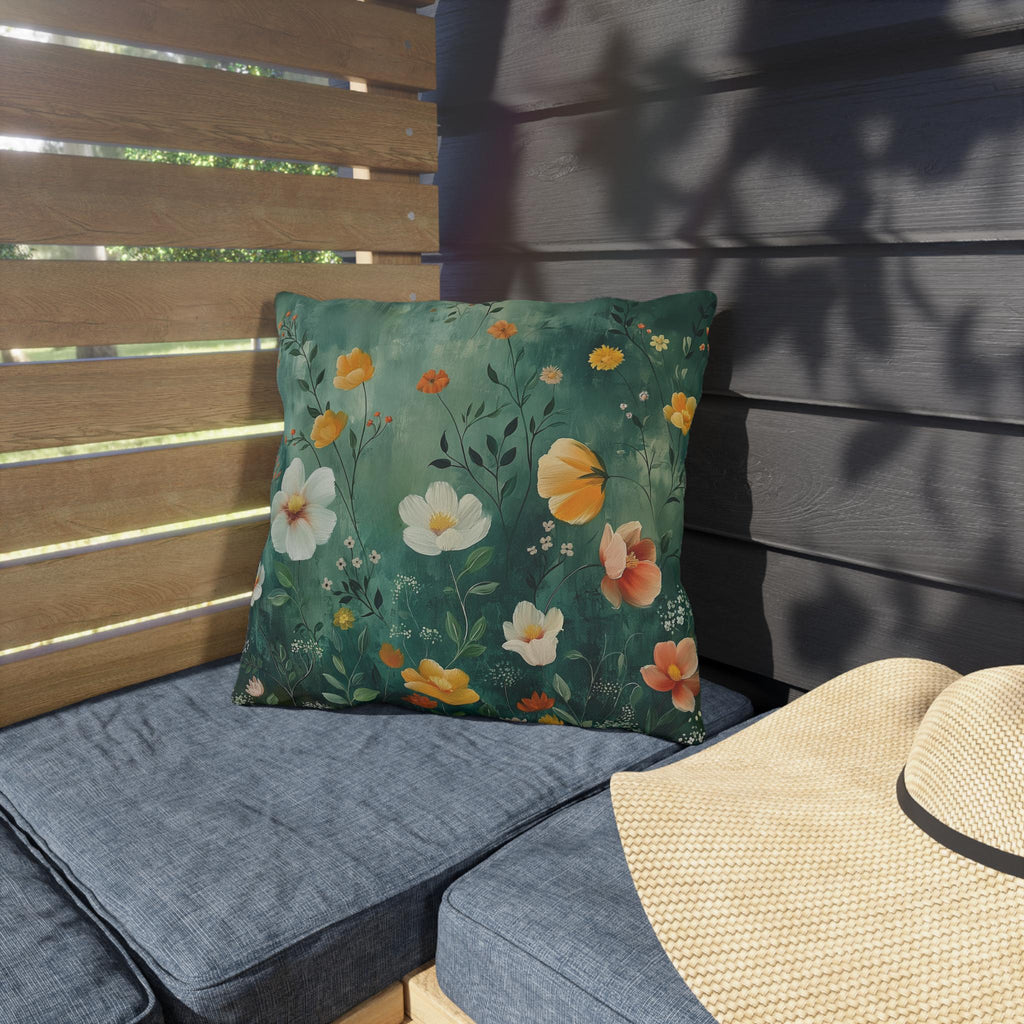 Dark Green Wildflower Garden Outdoor Pillow: Water-Resistant Floral Patio Cushion Accent Decor