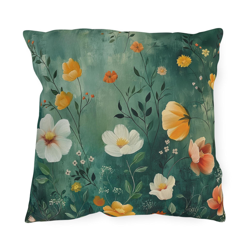 Dark Green Wildflower Garden Outdoor Pillow: Water-Resistant Floral Patio Cushion Accent Decor