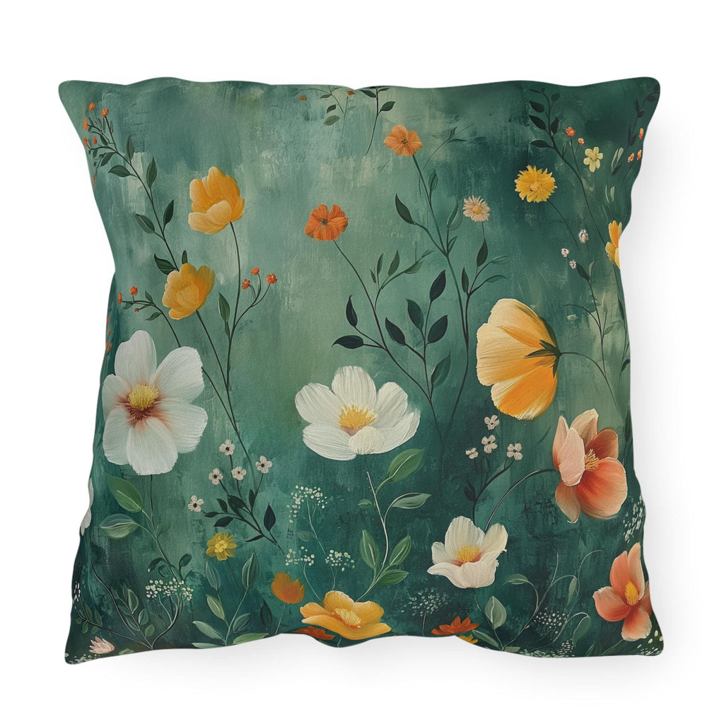 Dark Green Wildflower Garden Outdoor Pillow: Water-Resistant Floral Patio Cushion Accent Decor
