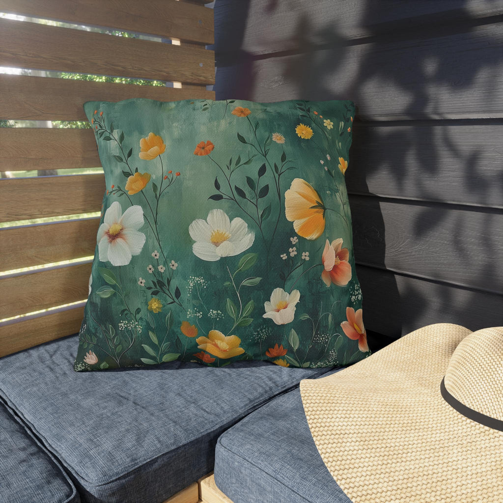 Dark Green Wildflower Garden Outdoor Pillow: Water-Resistant Floral Patio Cushion Accent Decor