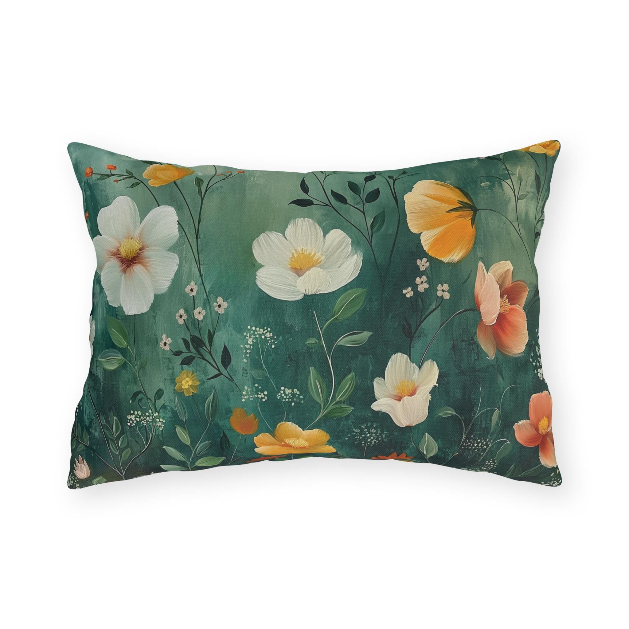 Dark Green Wildflower Garden Outdoor Pillow: Water-Resistant Floral Patio Cushion Accent Decor