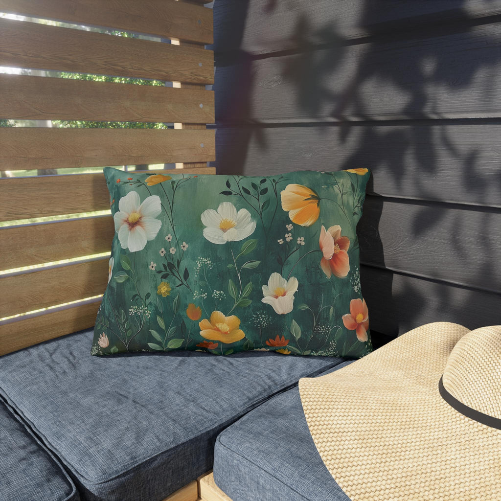 Dark Green Wildflower Garden Outdoor Pillow: Water-Resistant Floral Patio Cushion Accent Decor