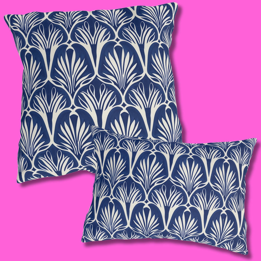 Elegant Art Nouveau Patio Pillow: Navy & Cream Water-Resistant Decorative Cushion for Outdoor Seating