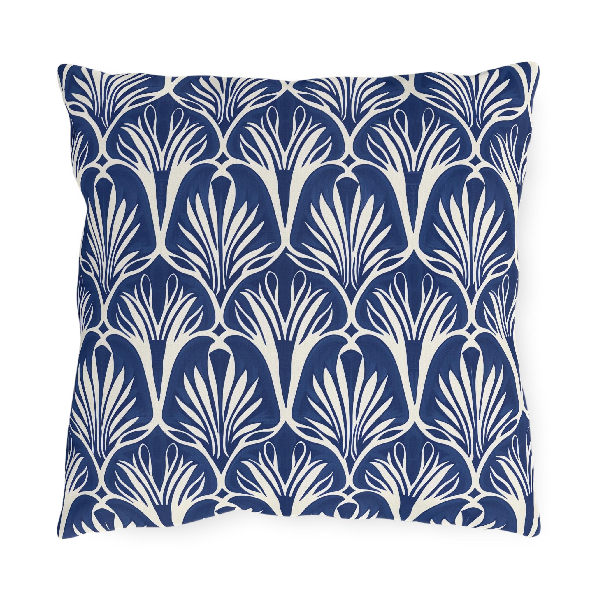 Elegant Art Nouveau Patio Pillow: Navy & Cream Water-Resistant Decorative Cushion for Outdoor Seating