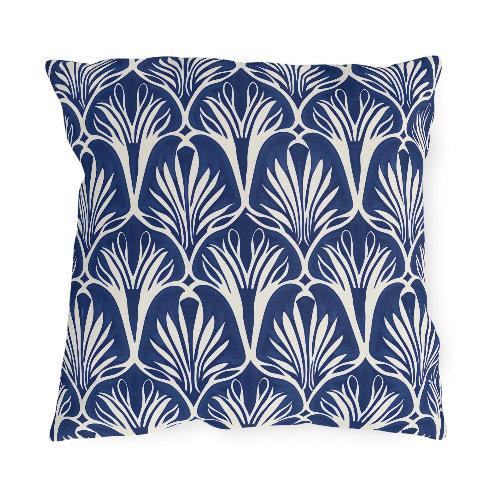 Elegant Art Nouveau Patio Pillow: Navy & Cream Water-Resistant Decorative Cushion for Outdoor Seating