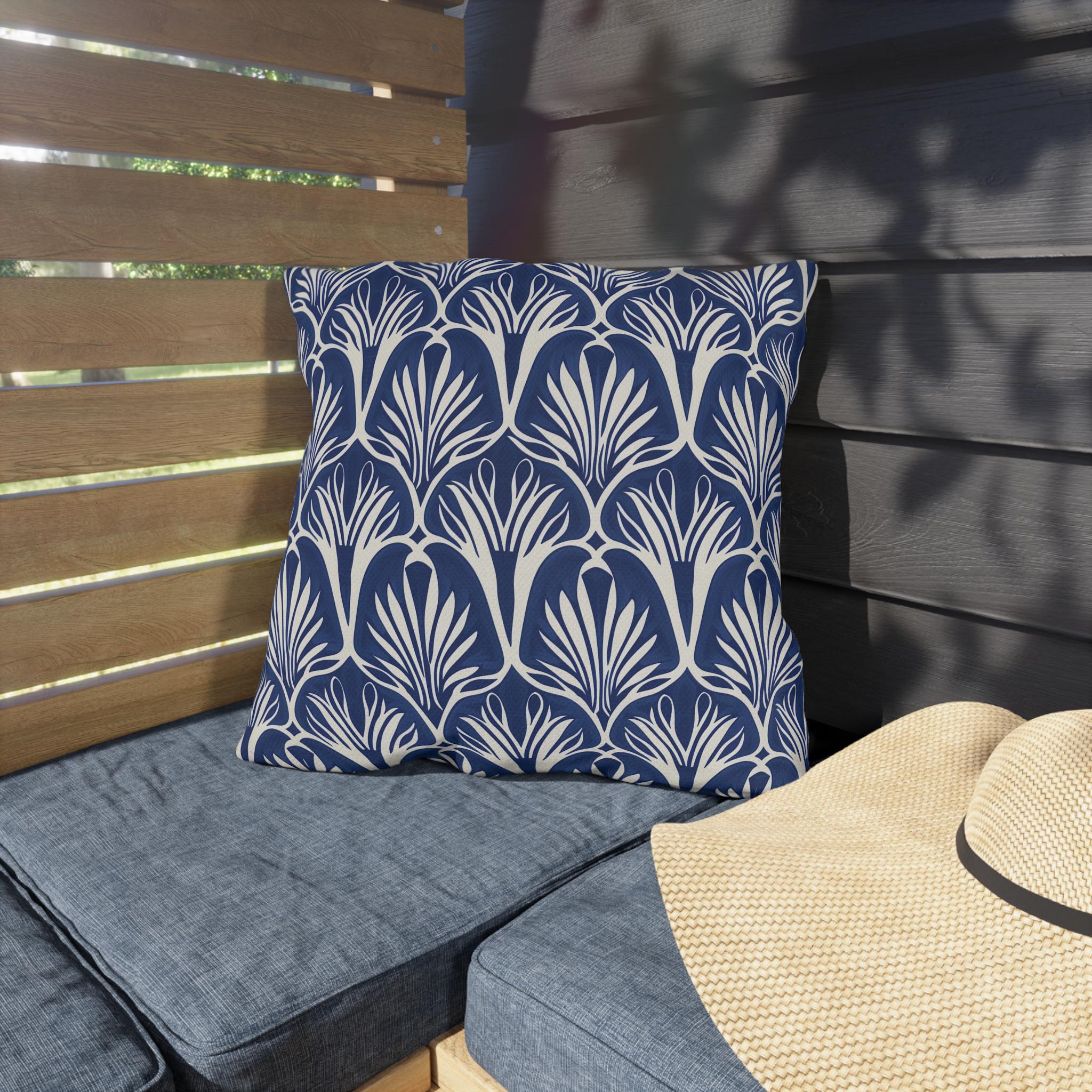 Elegant Art Nouveau Patio Pillow: Navy & Cream Water-Resistant Decorative Cushion for Outdoor Seating