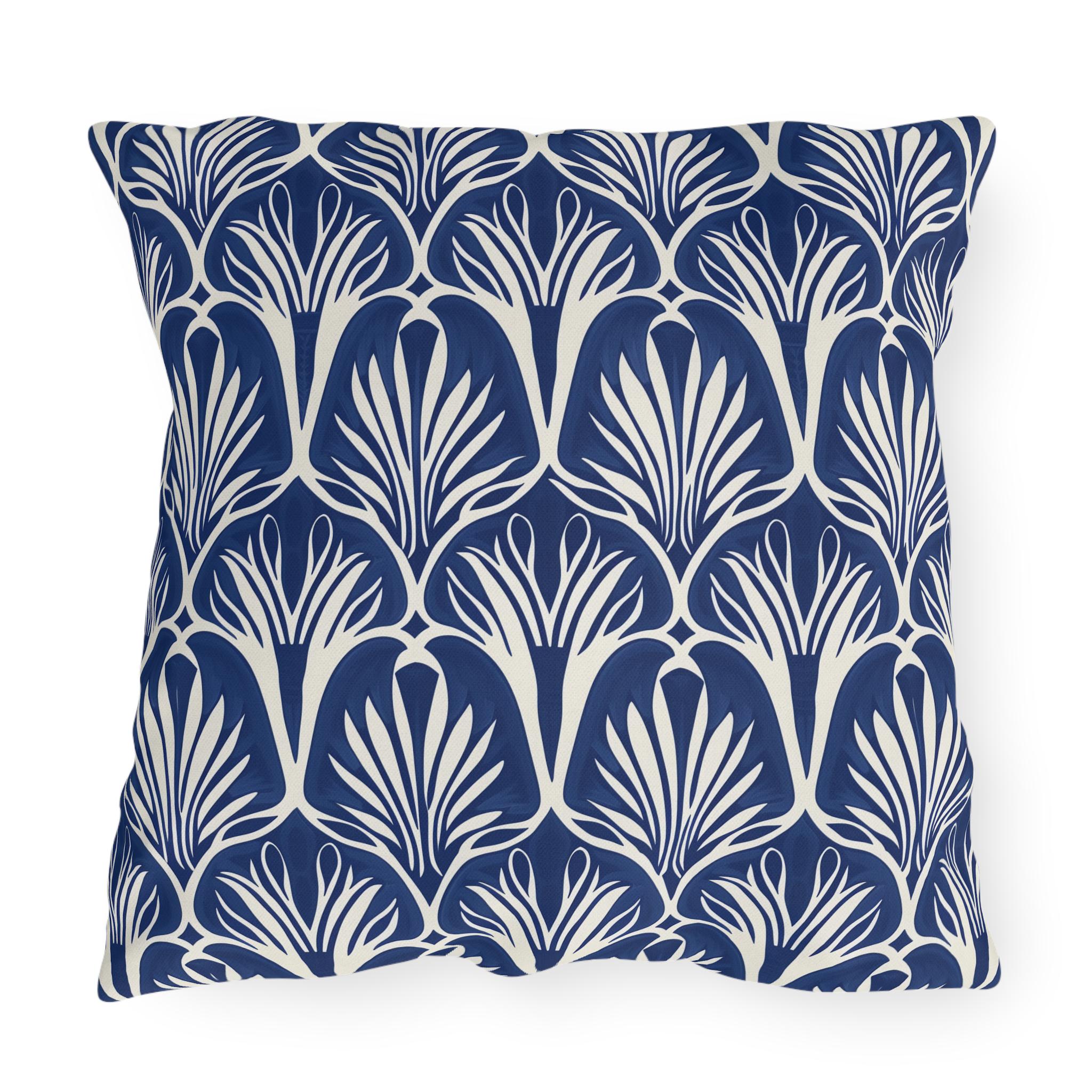 Elegant Art Nouveau Patio Pillow: Navy & Cream Water-Resistant Decorative Cushion for Outdoor Seating