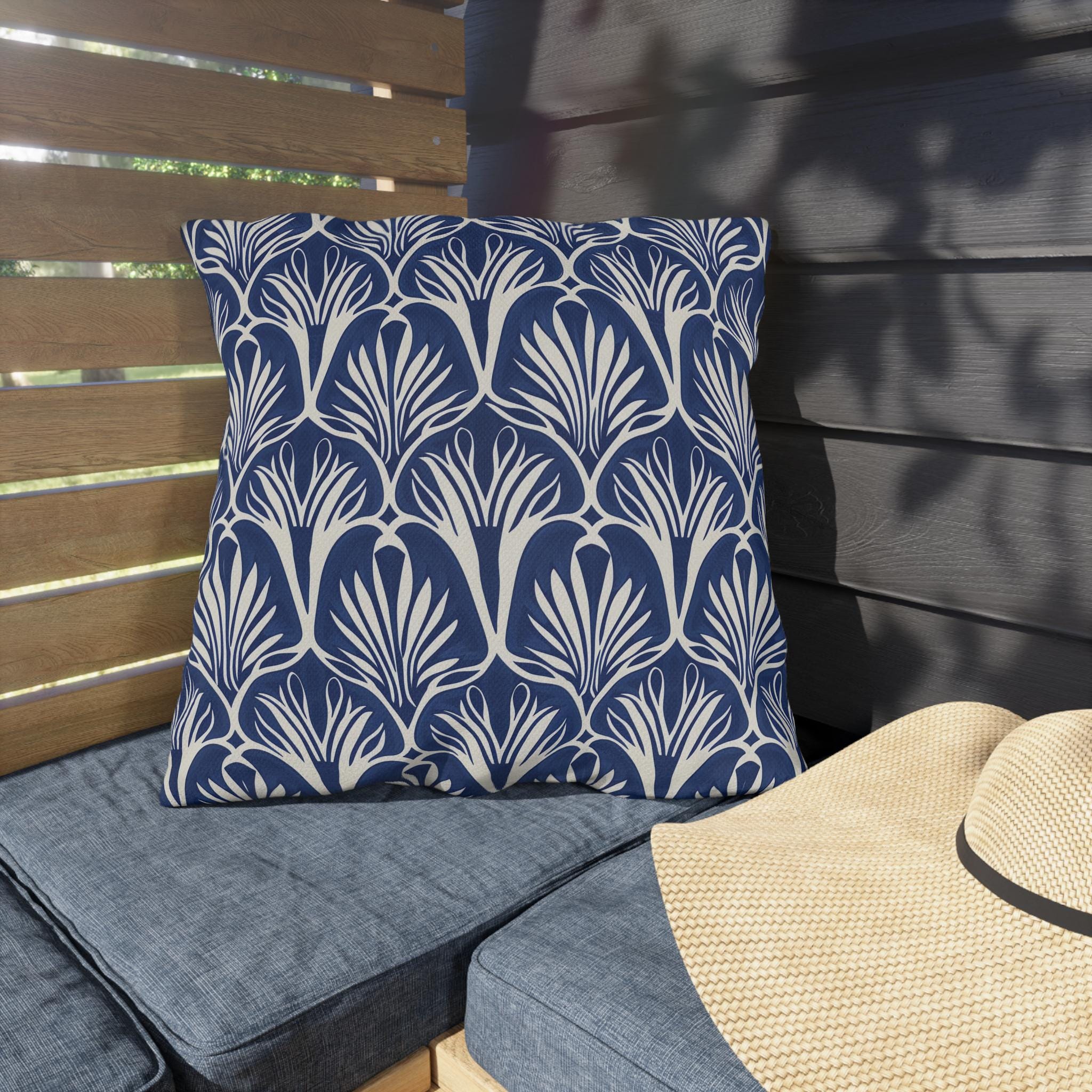 Elegant Art Nouveau Patio Pillow: Navy & Cream Water-Resistant Decorative Cushion for Outdoor Seating