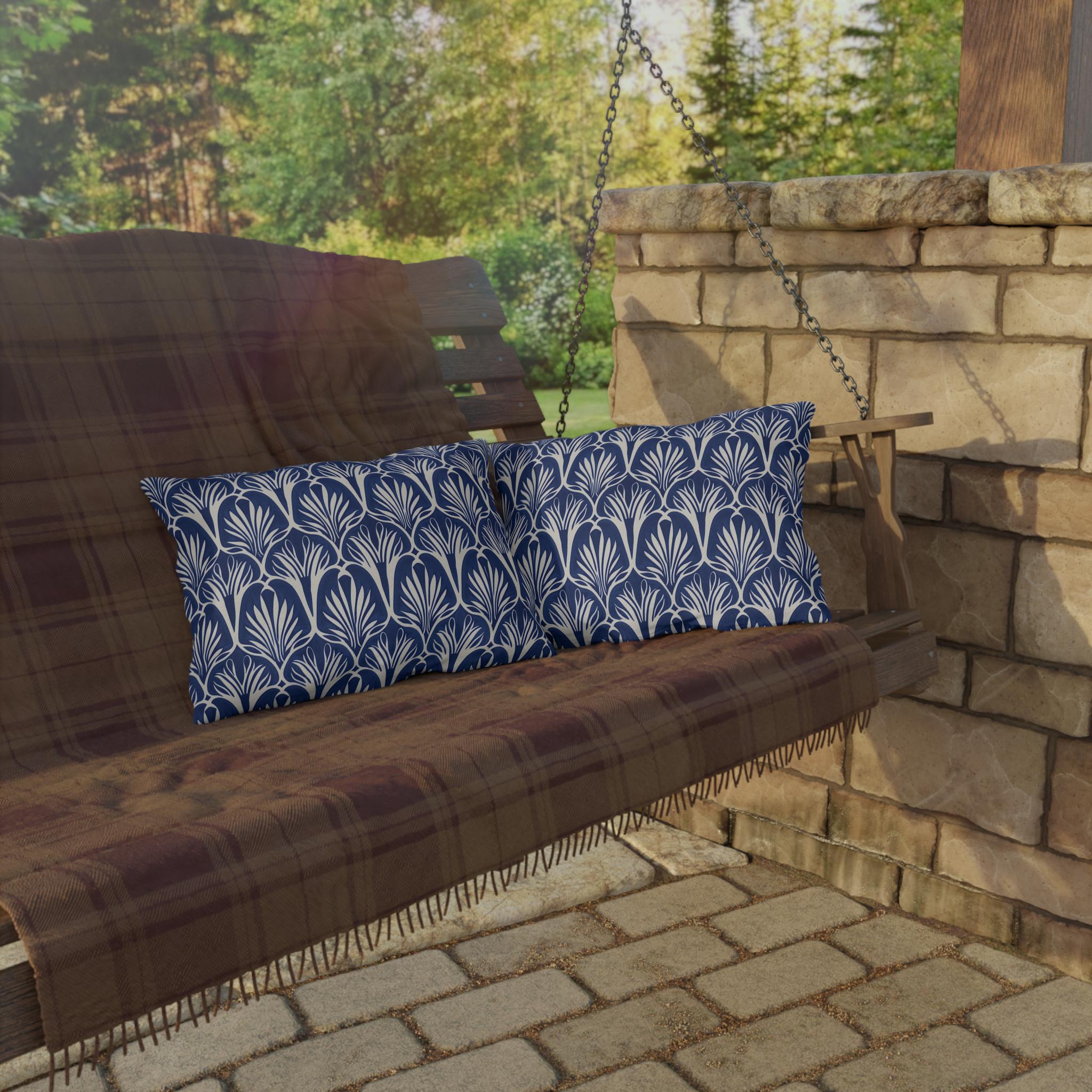 Elegant Art Nouveau Patio Pillow: Navy & Cream Water-Resistant Decorative Cushion for Outdoor Seating