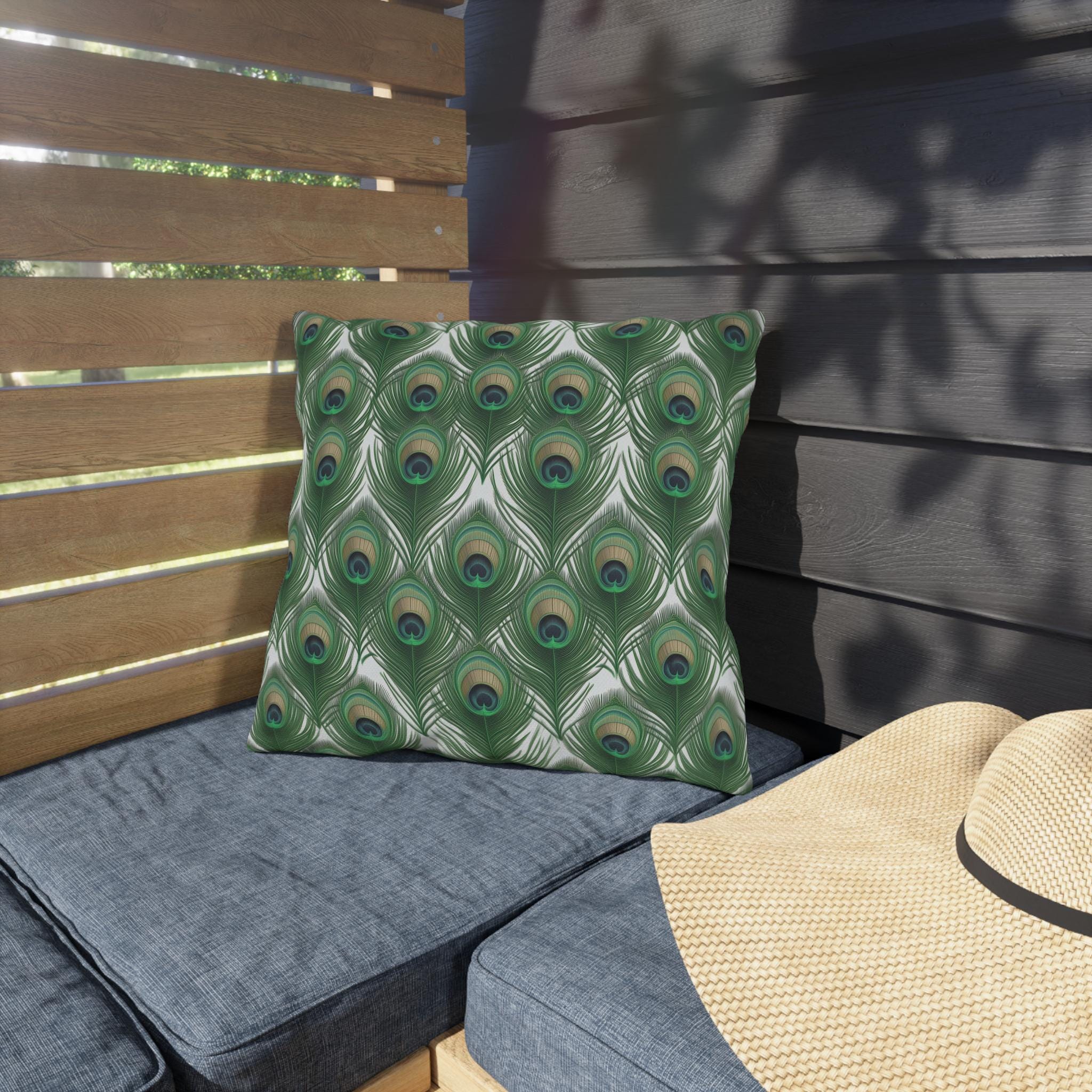 Elegant Peacock Feather Outdoor Pillow: William Morris Inspired Emerald & Gold Garden Patio Cushion