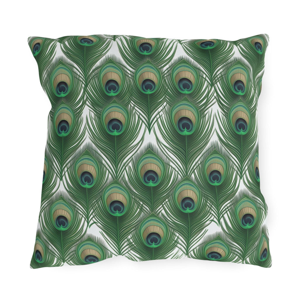 Elegant Peacock Feather Outdoor Pillow: William Morris Inspired Emerald & Gold Garden Patio Cushion