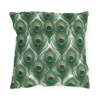 Elegant Peacock Feather Outdoor Pillow: William Morris Inspired Emerald & Gold Garden Patio Cushion