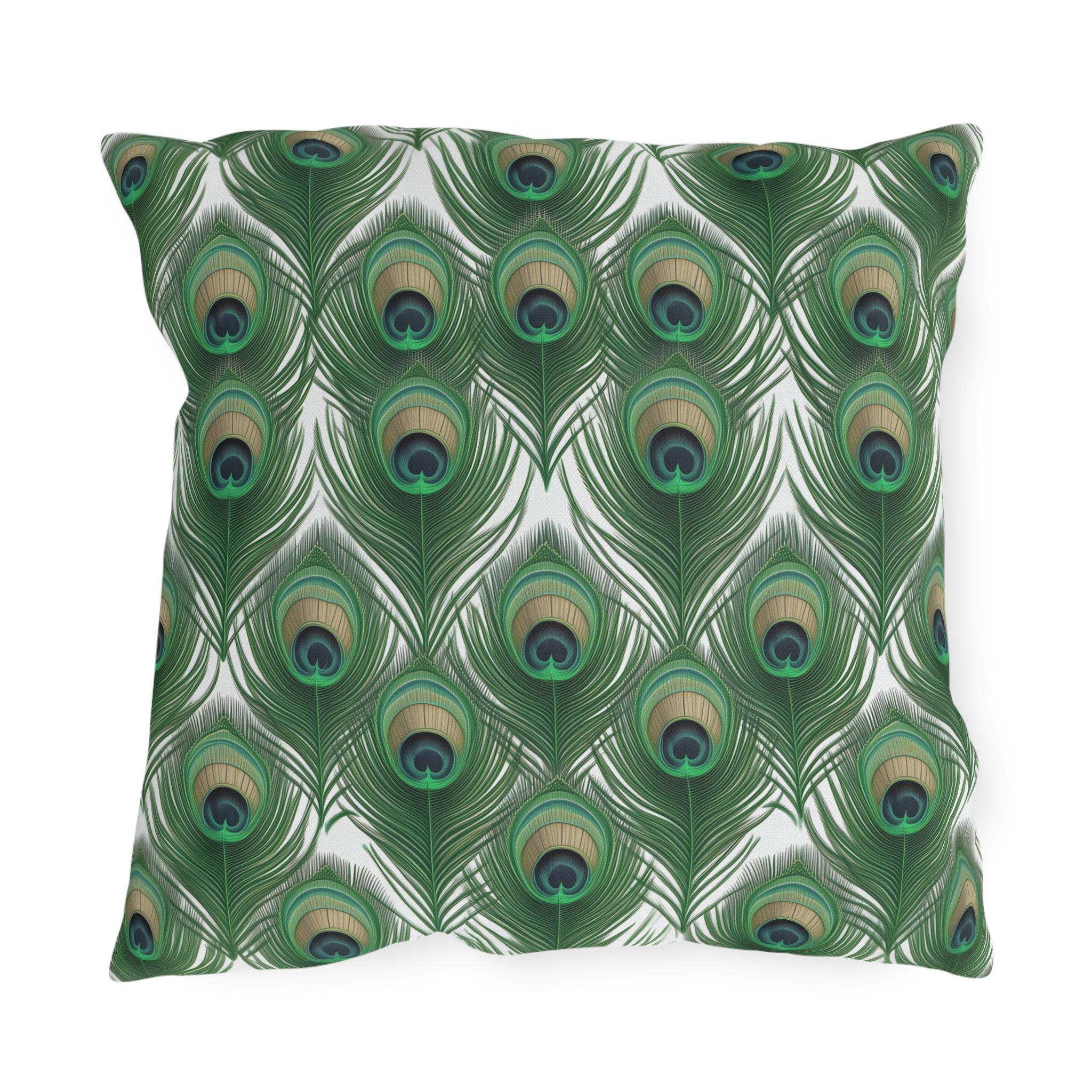Elegant Peacock Feather Outdoor Pillow: William Morris Inspired Emerald & Gold Garden Patio Cushion