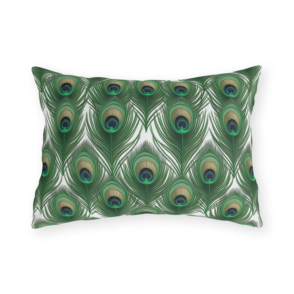 Elegant Peacock Feather Outdoor Pillow: William Morris Inspired Emerald & Gold Garden Patio Cushion
