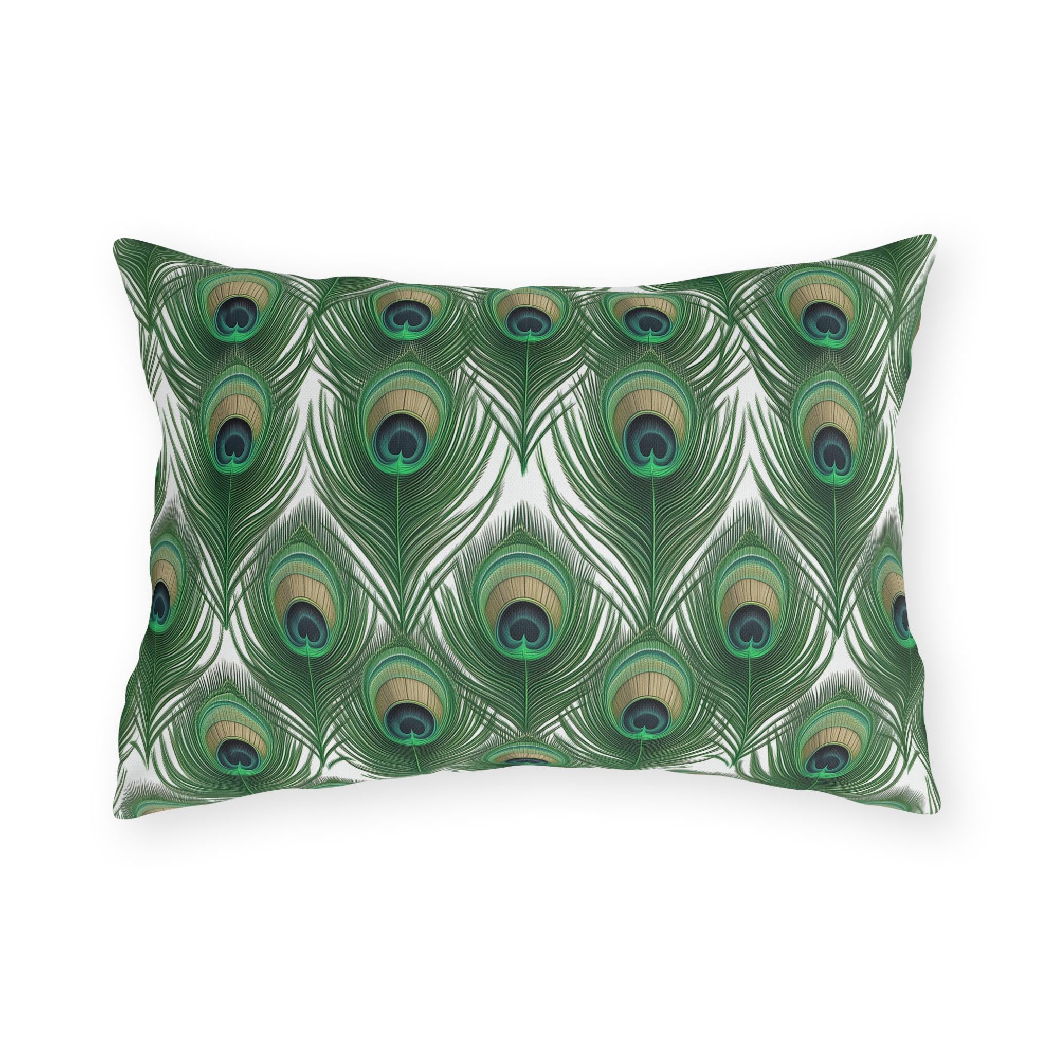 Elegant Peacock Feather Outdoor Pillow: William Morris Inspired Emerald & Gold Garden Patio Cushion