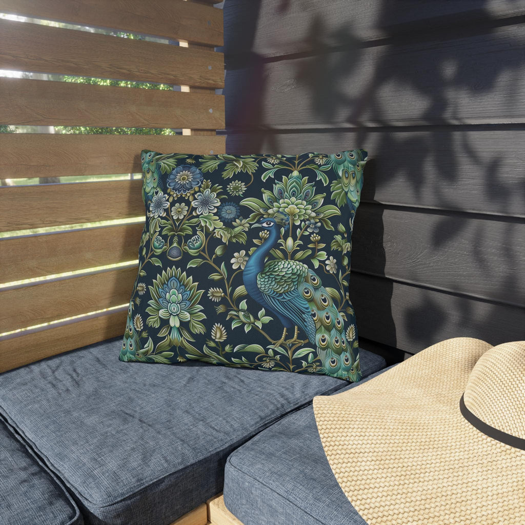 Luxurious Peacock Botanical Outdoor Pillow - William Morris Inspired Garden Decor