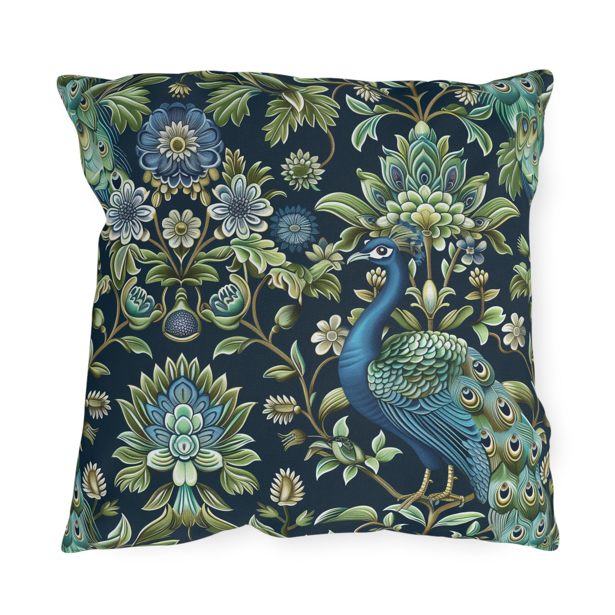 Luxurious Peacock Botanical Outdoor Pillow - William Morris Inspired Garden Decor
