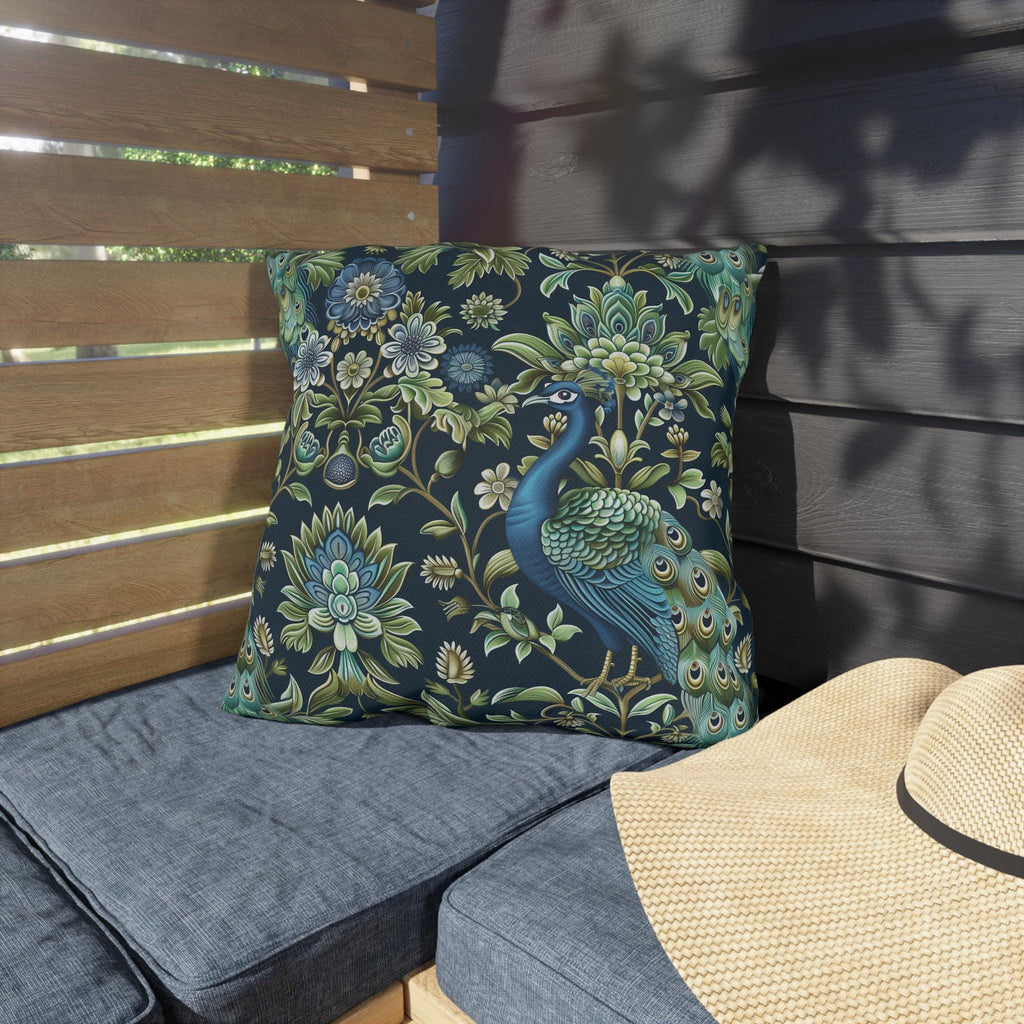 Luxurious Peacock Botanical Outdoor Pillow - William Morris Inspired Garden Decor