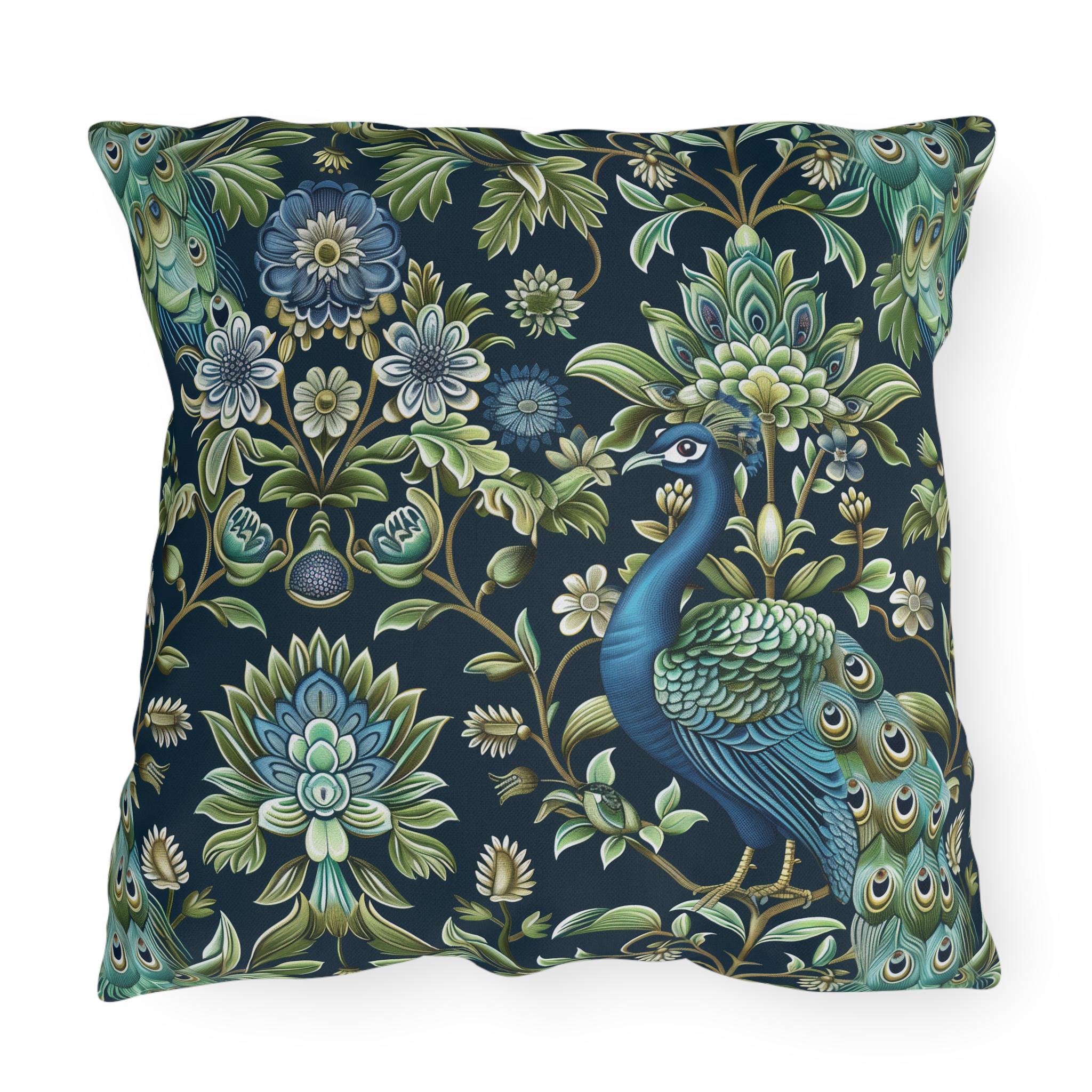 Luxurious Peacock Botanical Outdoor Pillow - William Morris Inspired Garden Decor