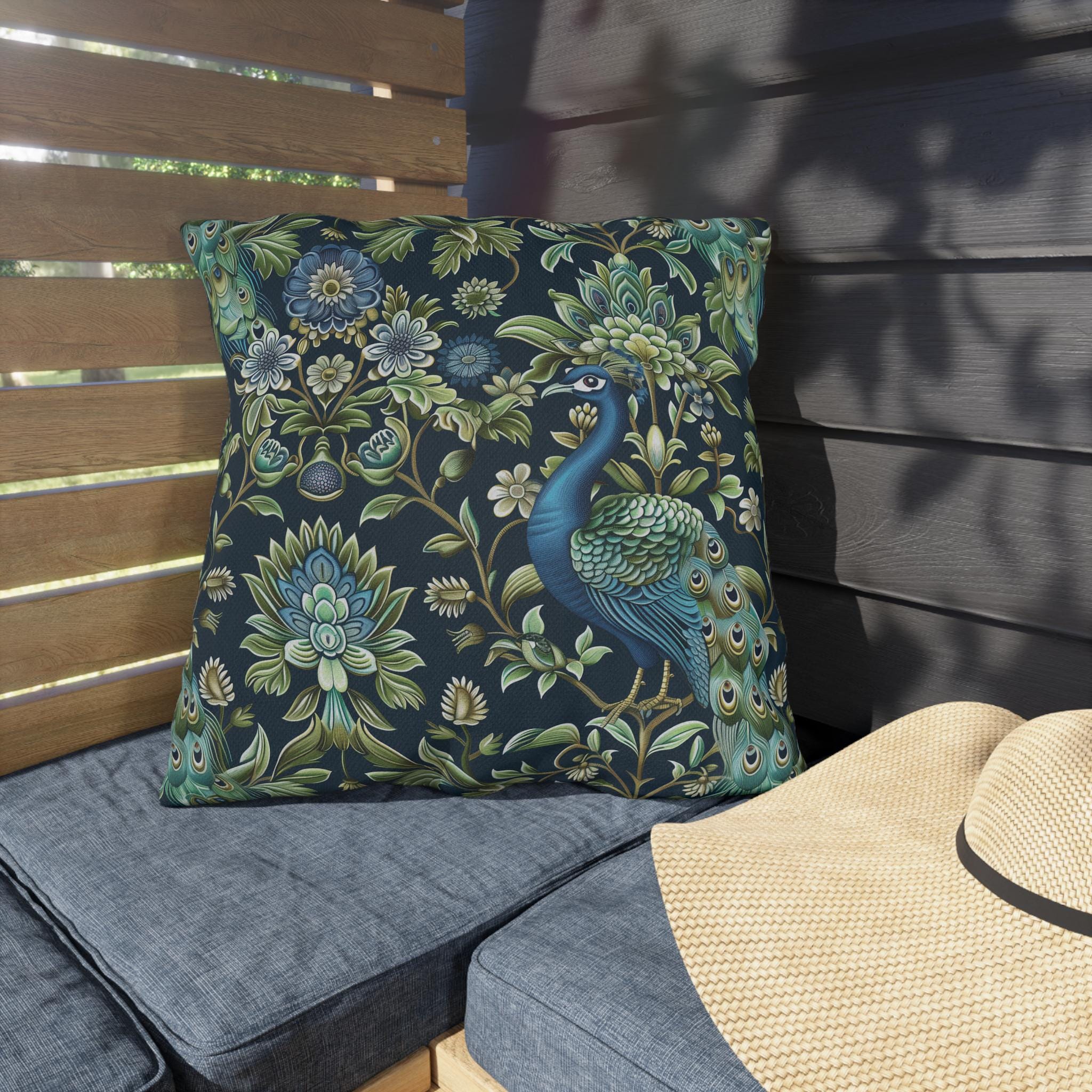 Luxurious Peacock Botanical Outdoor Pillow - William Morris Inspired Garden Decor