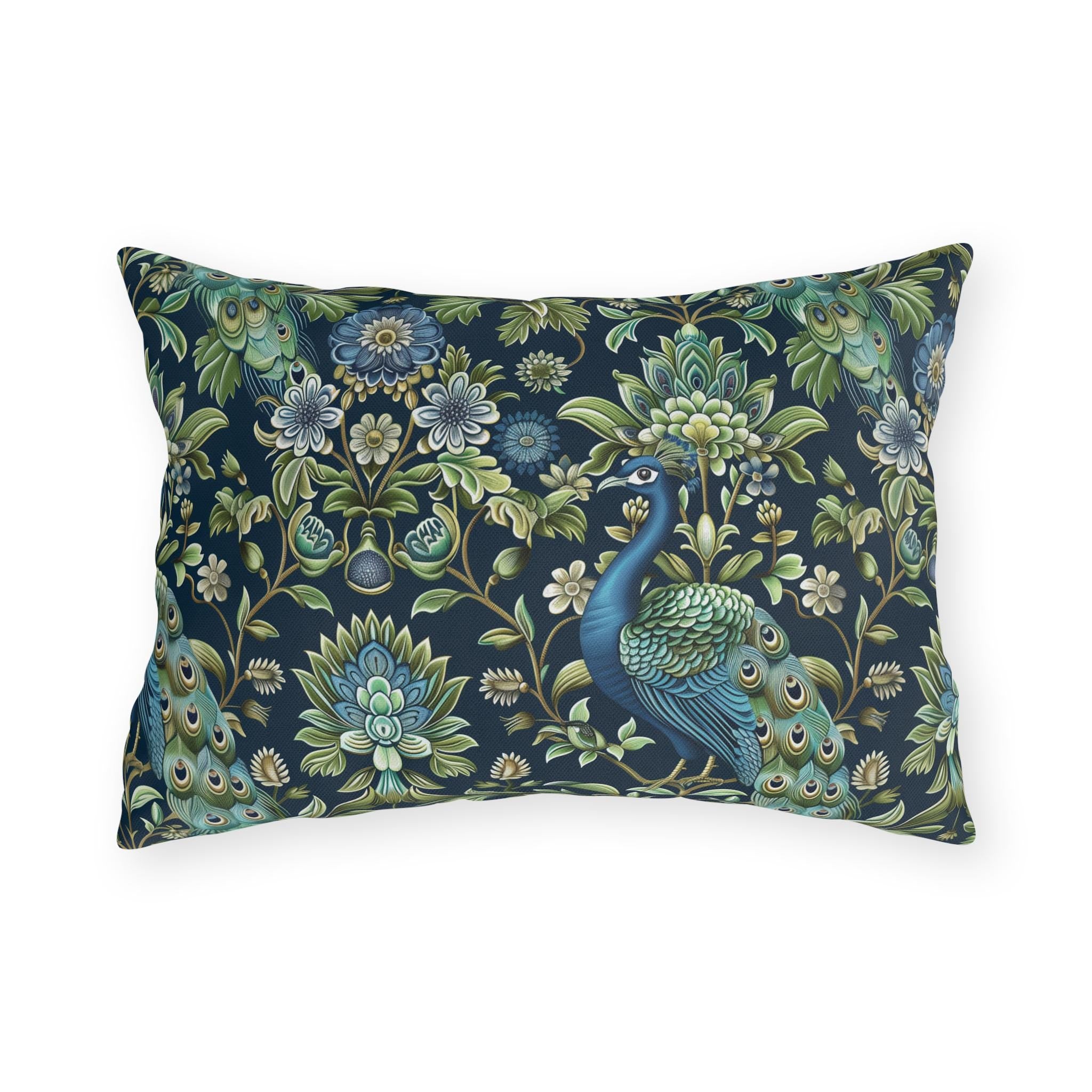 Luxurious Peacock Botanical Outdoor Pillow - William Morris Inspired Garden Decor