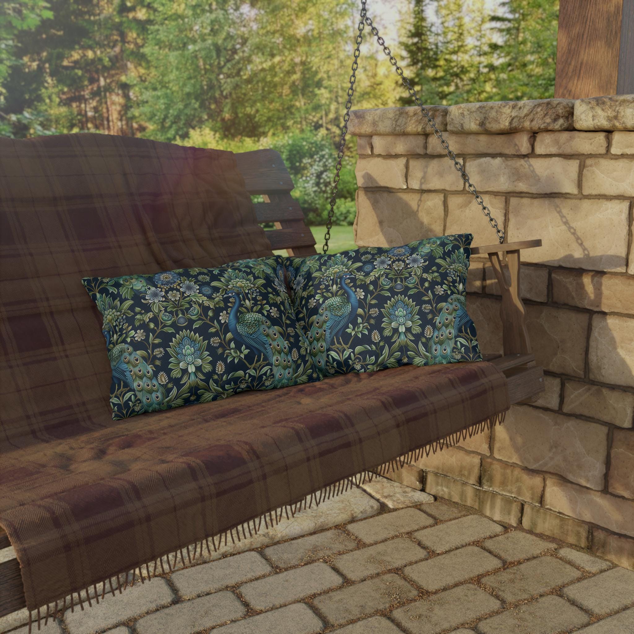 Luxurious Peacock Botanical Outdoor Pillow - William Morris Inspired Garden Decor