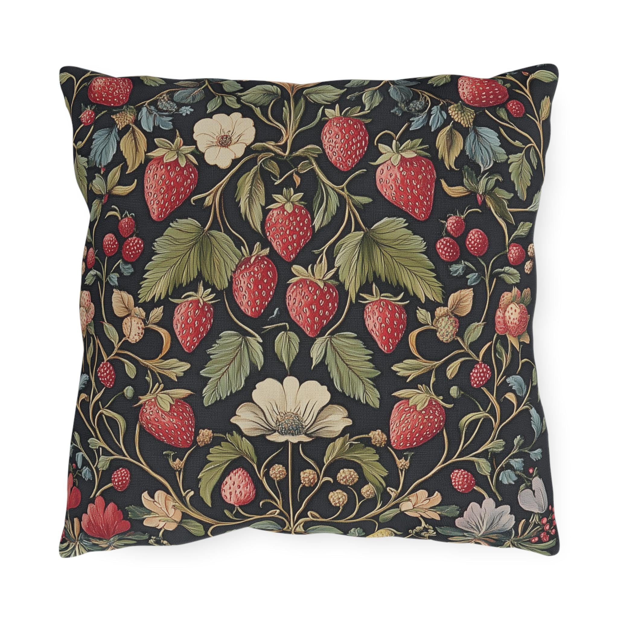 Strawberry Fields Outdoor Pillow: William Morris Inspired Vintage Botanical Garden Fruit Design Decor