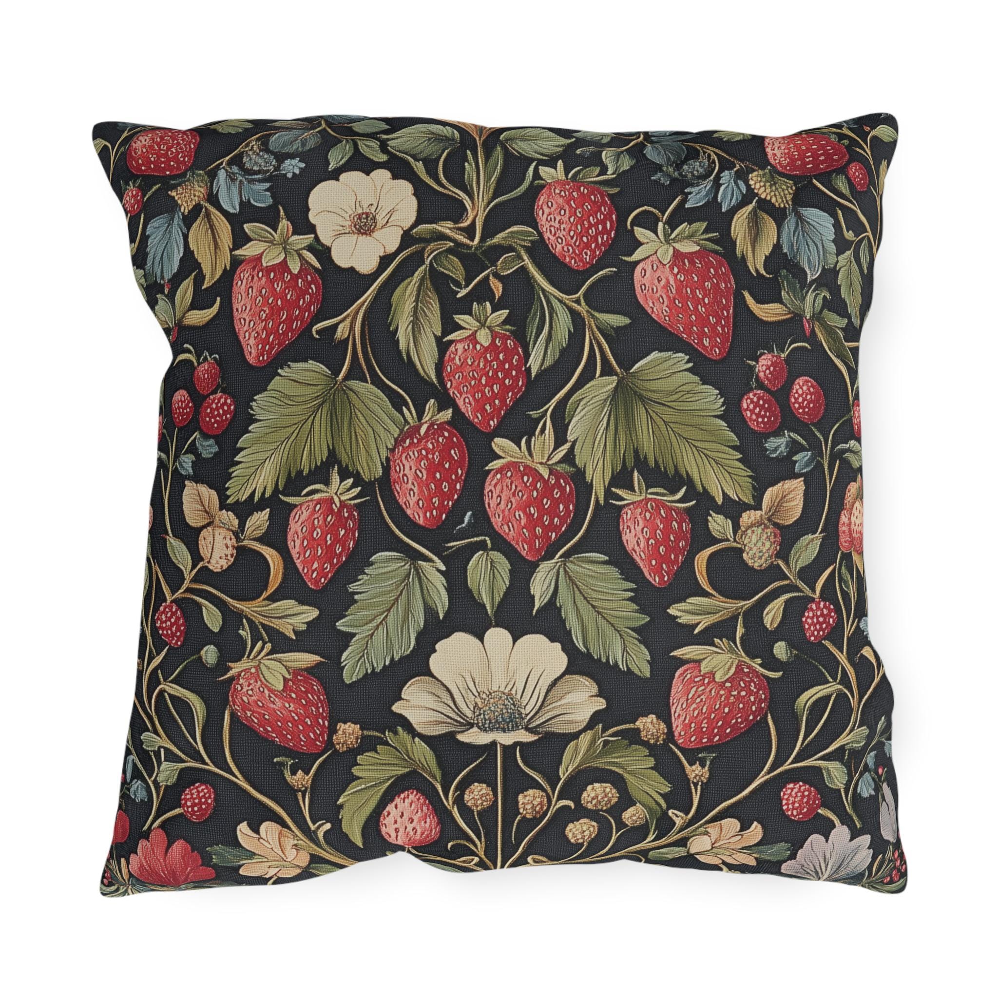 Strawberry Fields Outdoor Pillow: William Morris Inspired Vintage Botanical Garden Fruit Design Decor