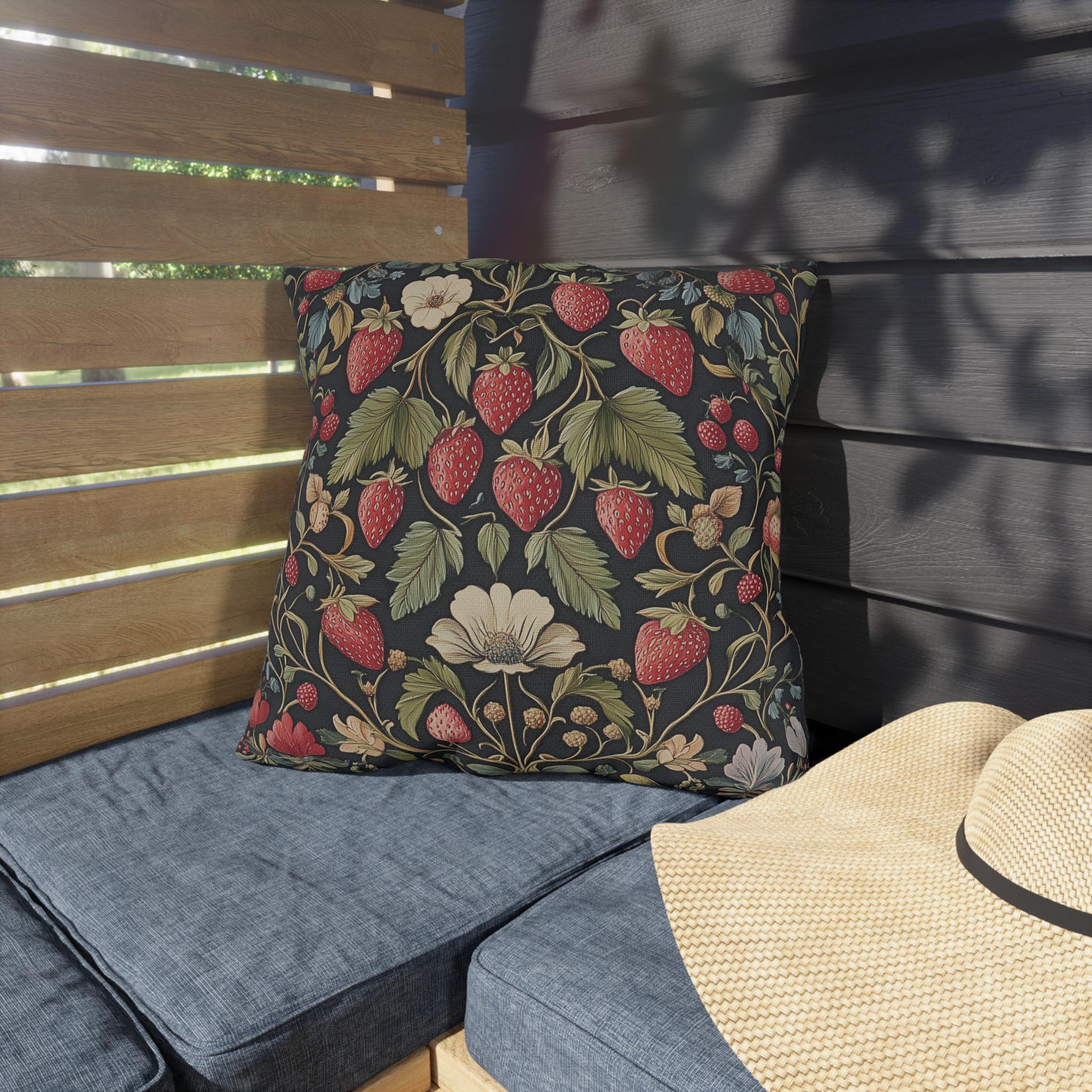 Strawberry Fields Outdoor Pillow: William Morris Inspired Vintage Botanical Garden Fruit Design Decor