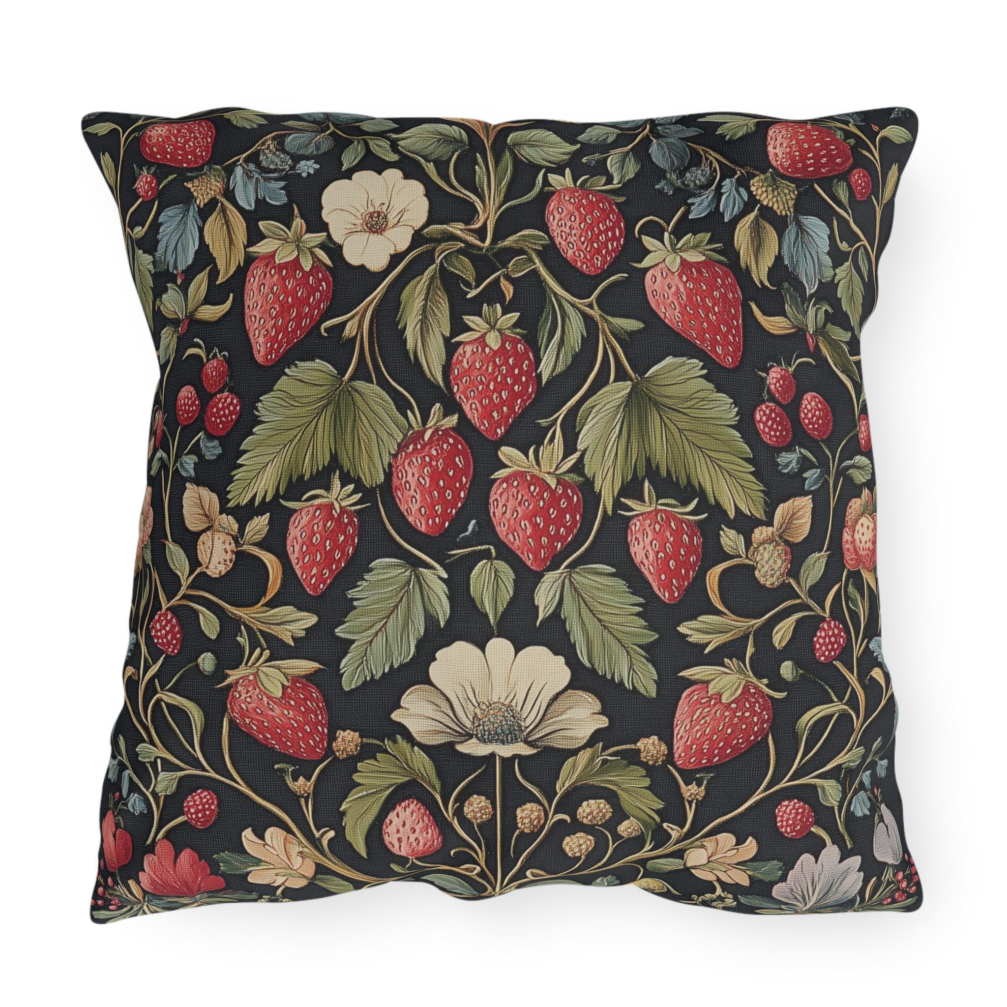 Strawberry Fields Outdoor Pillow: William Morris Inspired Vintage Botanical Garden Fruit Design Decor