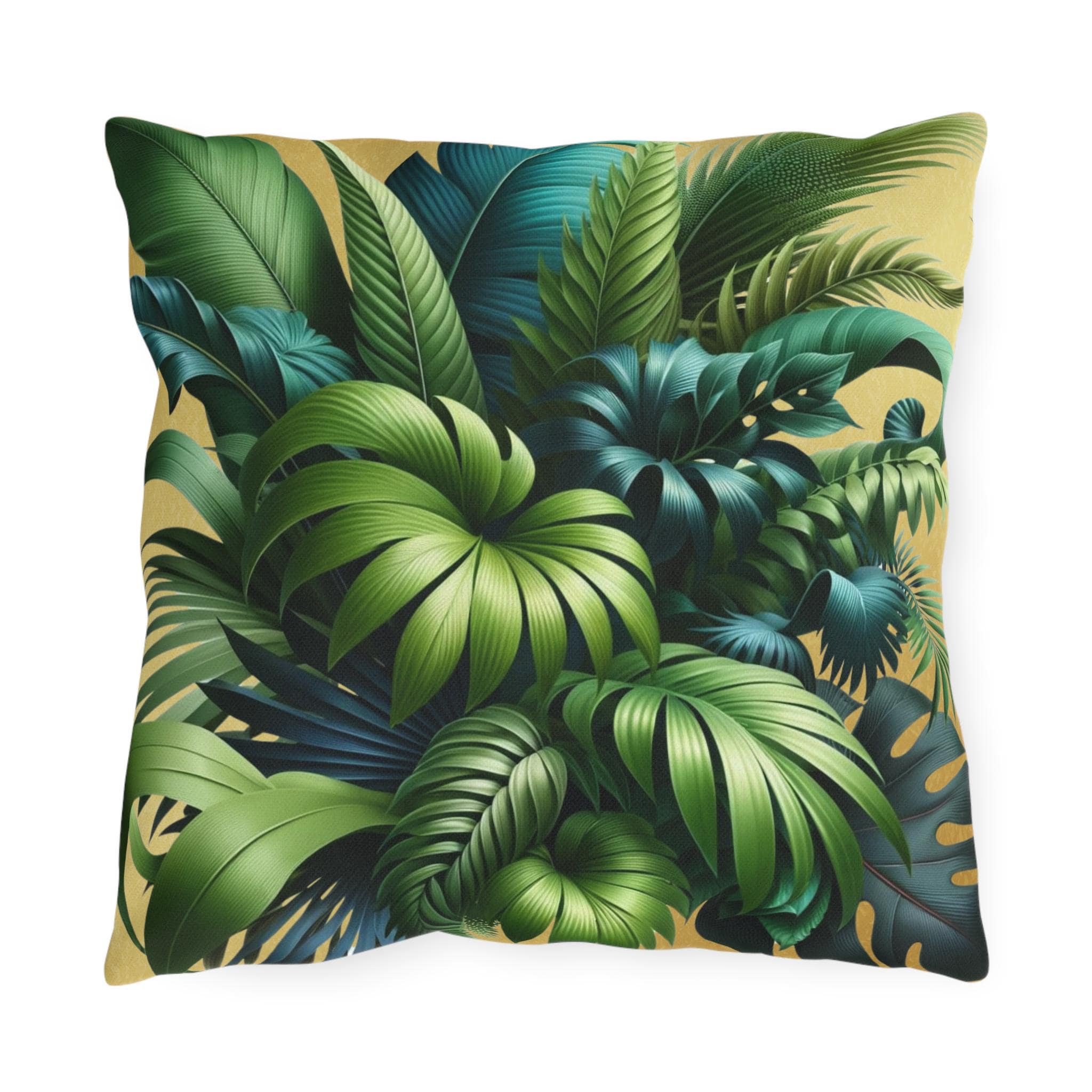 Tropical Green Leaf Outdoor Pillow: Weather-Resistant Gold Patio Decor, Exotic Garden Cushion Accent