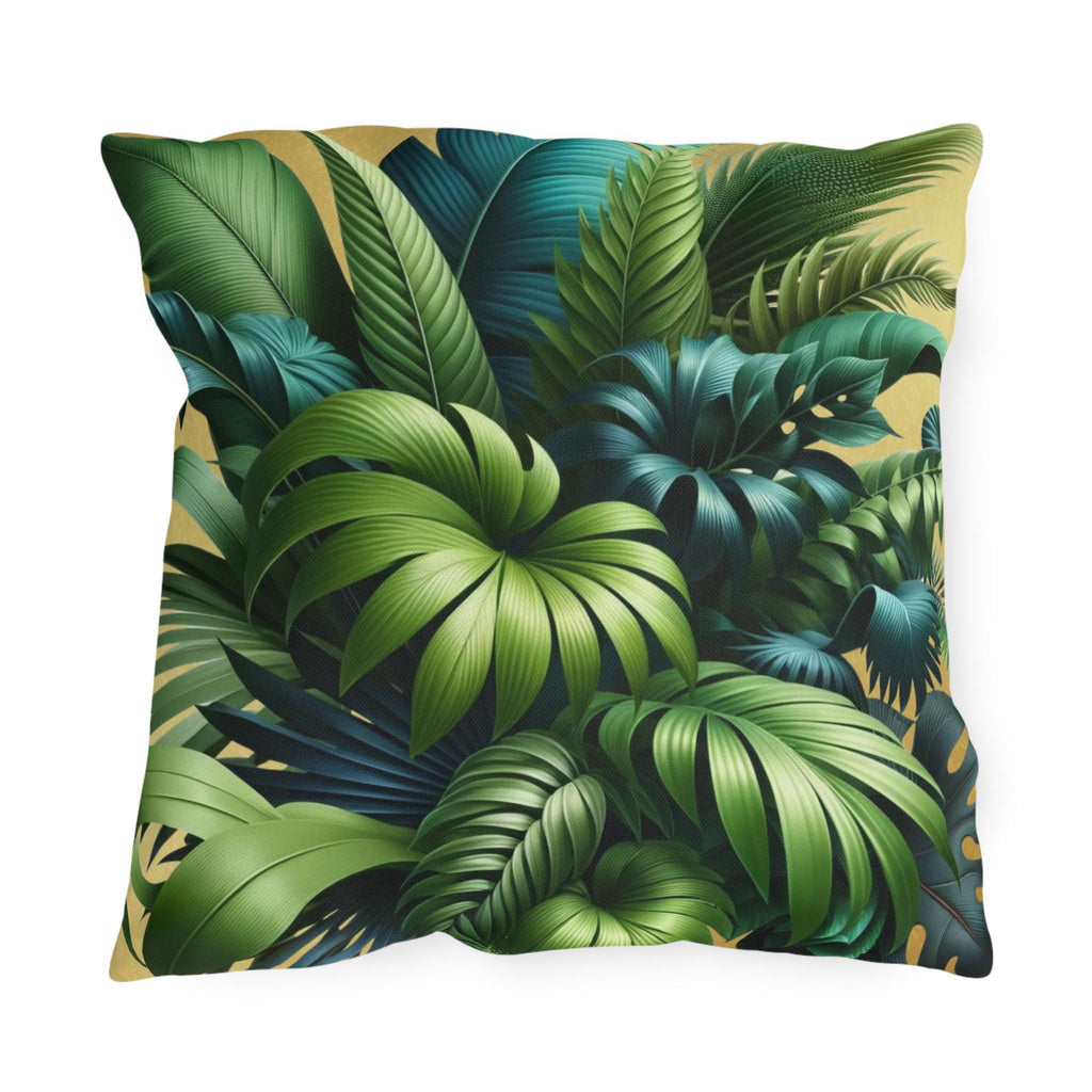 Tropical Green Leaf Outdoor Pillow: Weather-Resistant Gold Patio Decor, Exotic Garden Cushion Accent