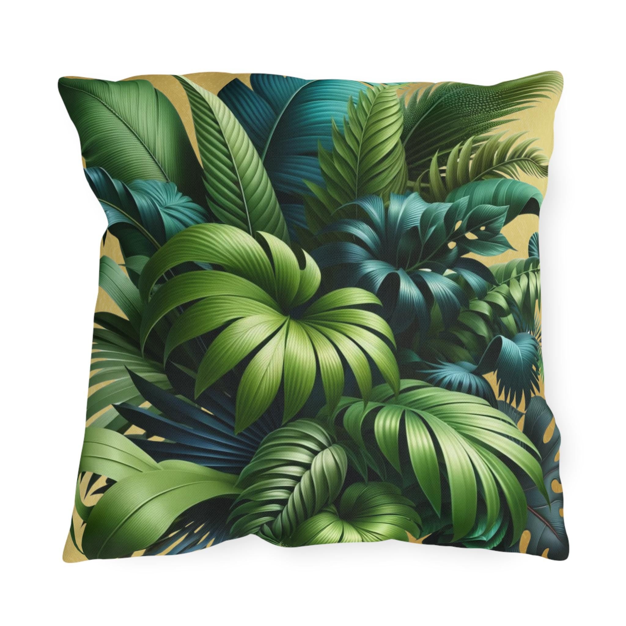 Tropical Green Leaf Outdoor Pillow: Weather-Resistant Gold Patio Decor, Exotic Garden Cushion Accent