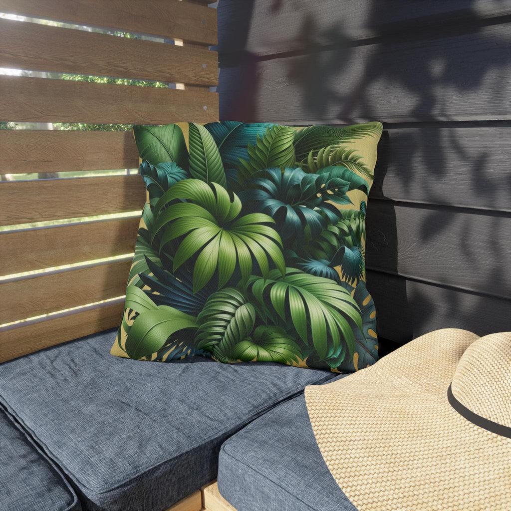 Tropical Green Leaf Outdoor Pillow: Weather-Resistant Gold Patio Decor, Exotic Garden Cushion Accent