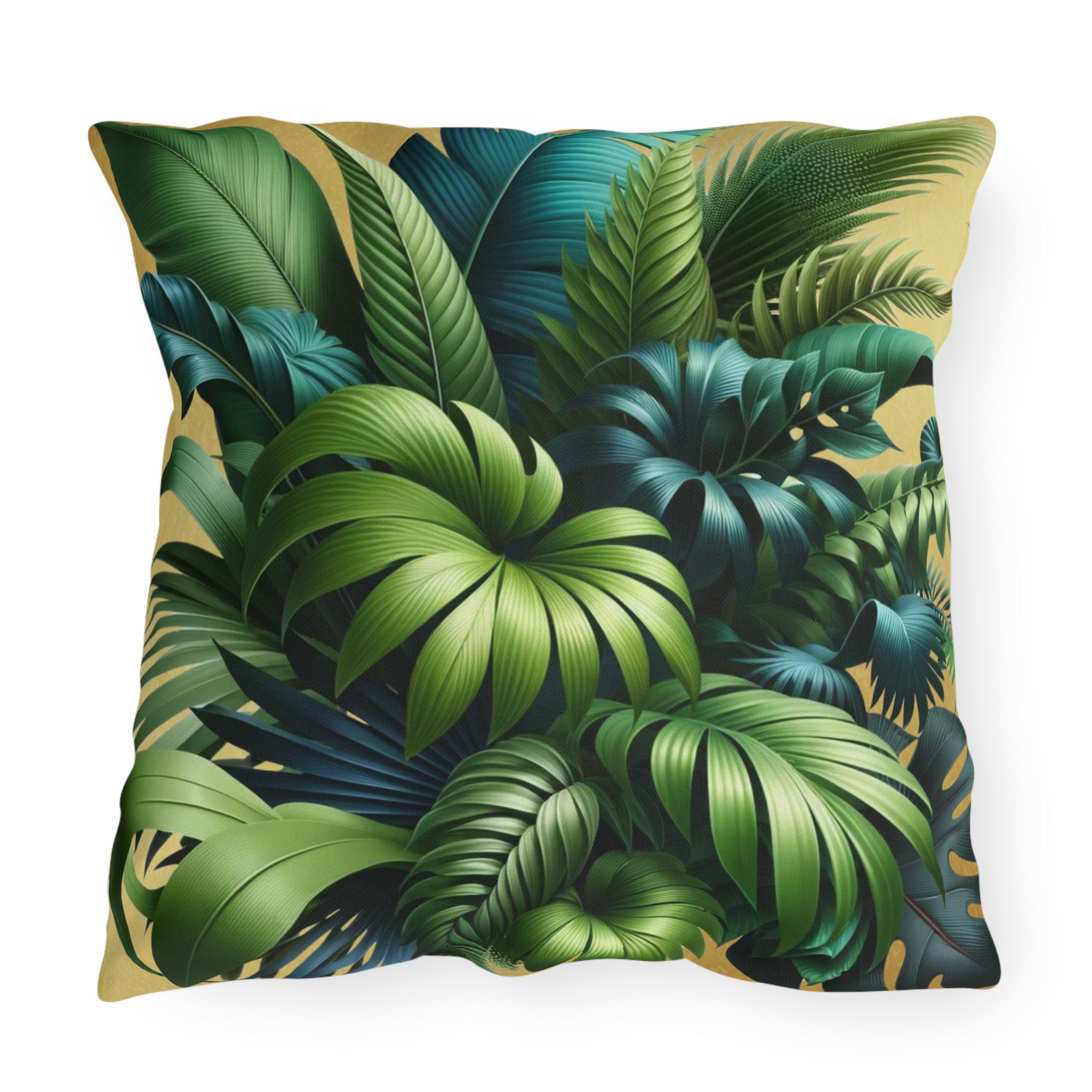 Tropical Green Leaf Outdoor Pillow: Weather-Resistant Gold Patio Decor, Exotic Garden Cushion Accent