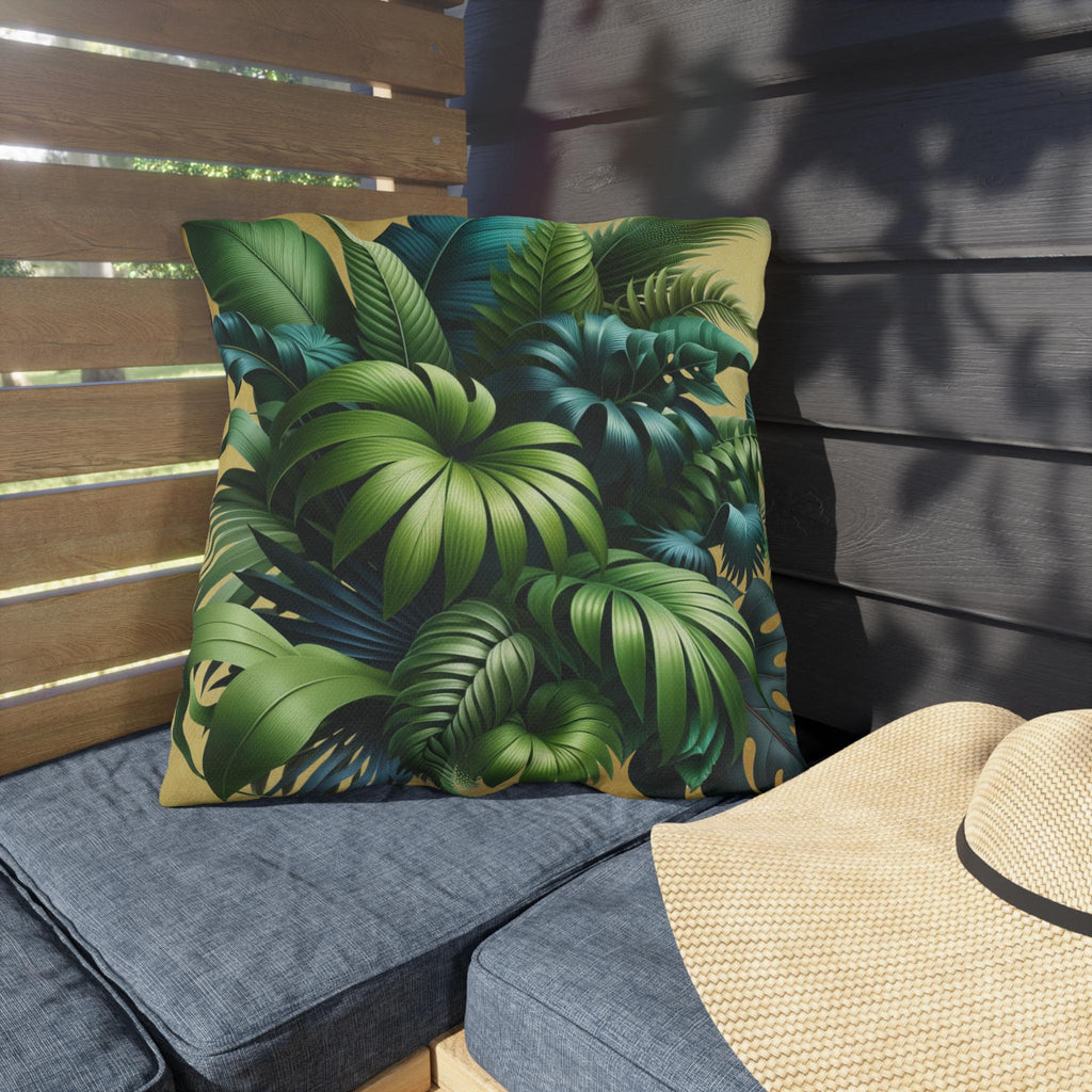 Tropical Green Leaf Outdoor Pillow: Weather-Resistant Gold Patio Decor, Exotic Garden Cushion Accent