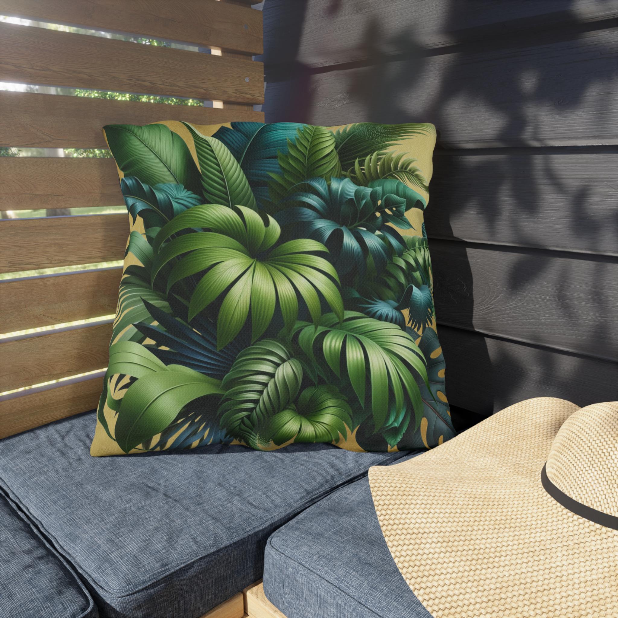 Tropical Green Leaf Outdoor Pillow: Weather-Resistant Gold Patio Decor, Exotic Garden Cushion Accent