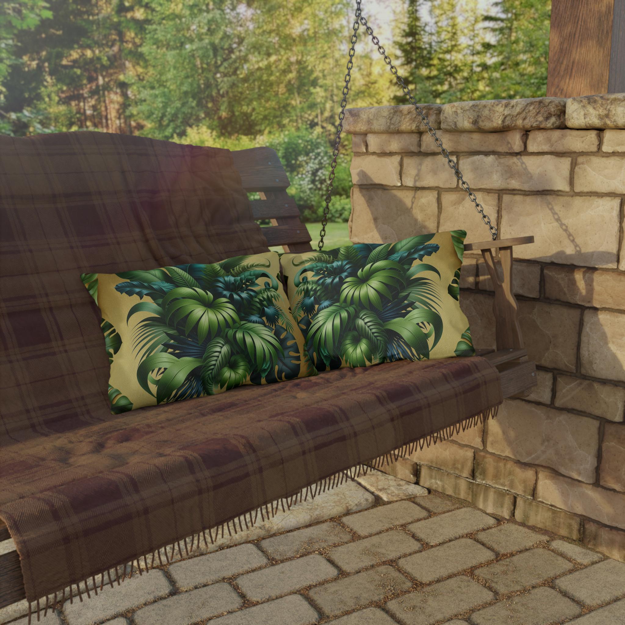 Tropical Green Leaf Outdoor Pillow: Weather-Resistant Gold Patio Decor, Exotic Garden Cushion Accent