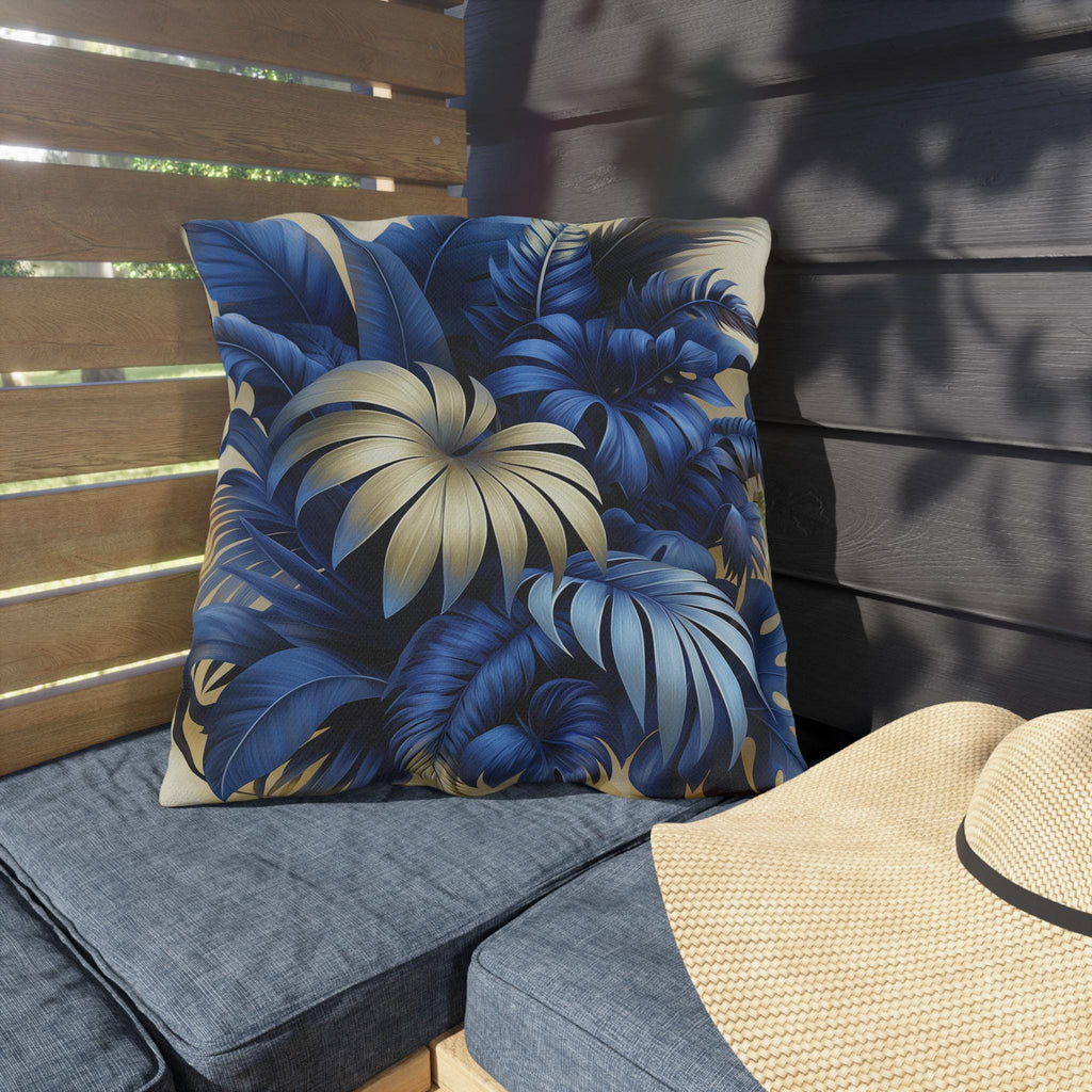 Luxurious Blue & Gold Tropical Leaf Outdoor Pillow - Weather Resistant Botanical Patio Cushion Decor