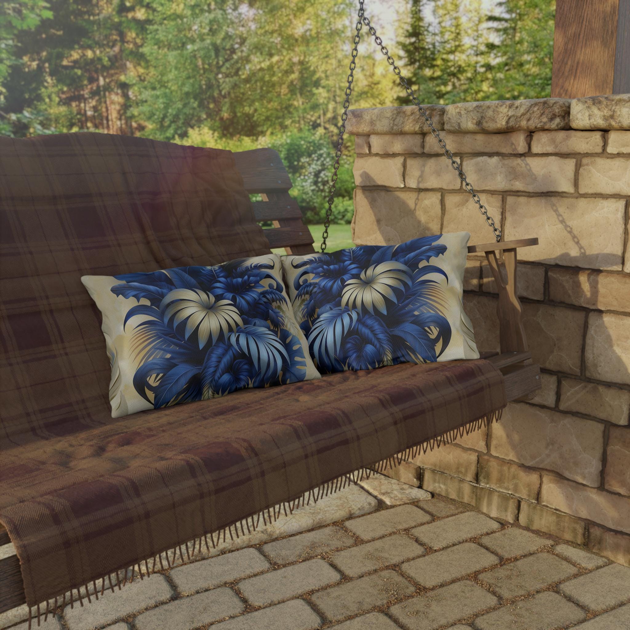 Luxurious Blue & Gold Tropical Leaf Outdoor Pillow - Weather Resistant Botanical Patio Cushion Decor