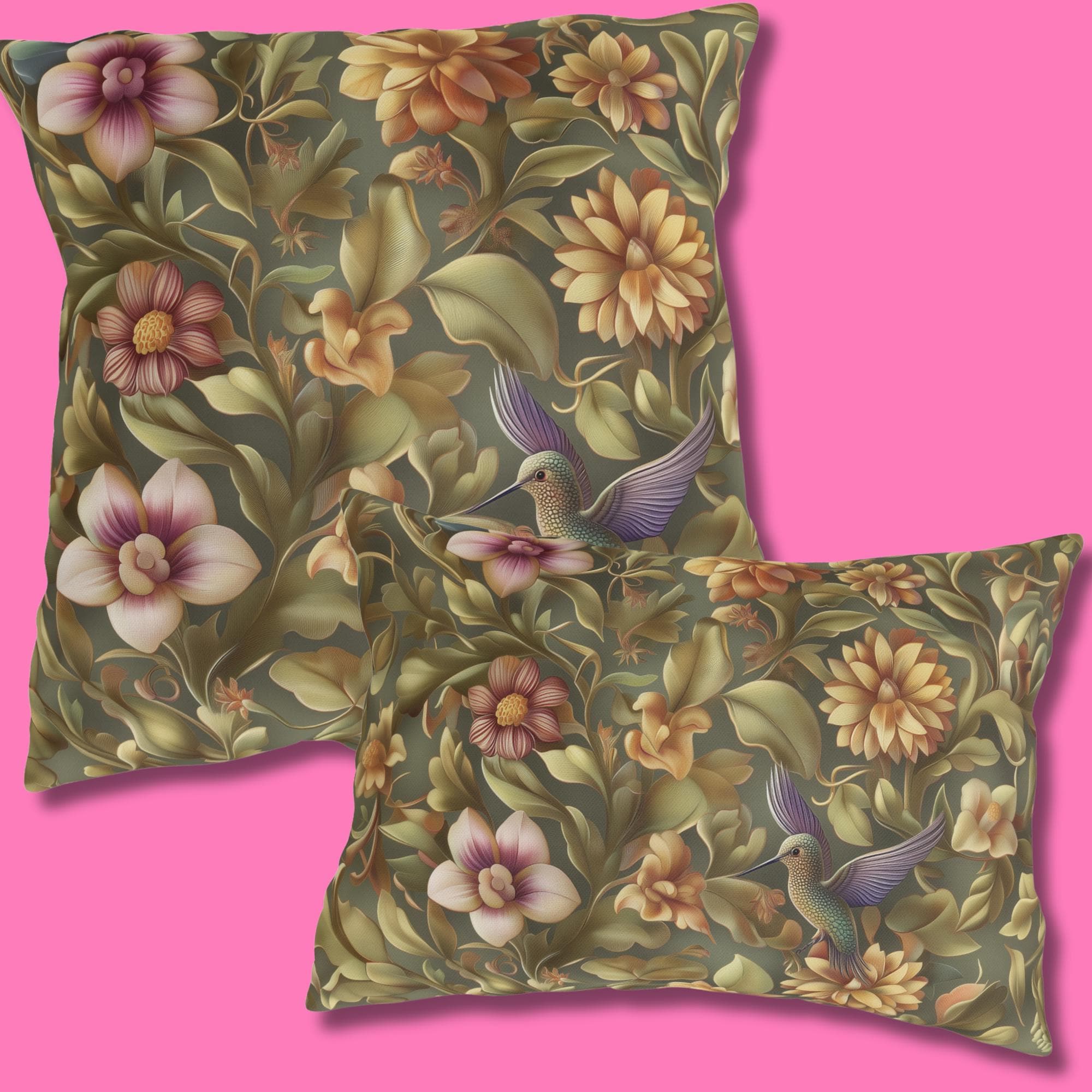 Elegant Hummingbird Floral Outdoor Pillow: William Morris Inspired Garden Cushion for Patio & Porch