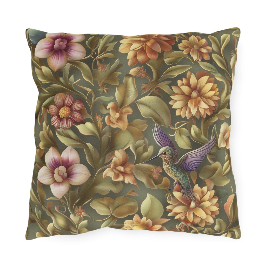 Elegant Hummingbird Floral Outdoor Pillow: William Morris Inspired Garden Cushion for Patio & Porch