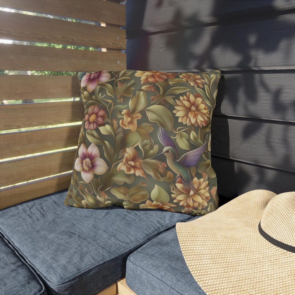Elegant Hummingbird Floral Outdoor Pillow: William Morris Inspired Garden Cushion for Patio & Porch