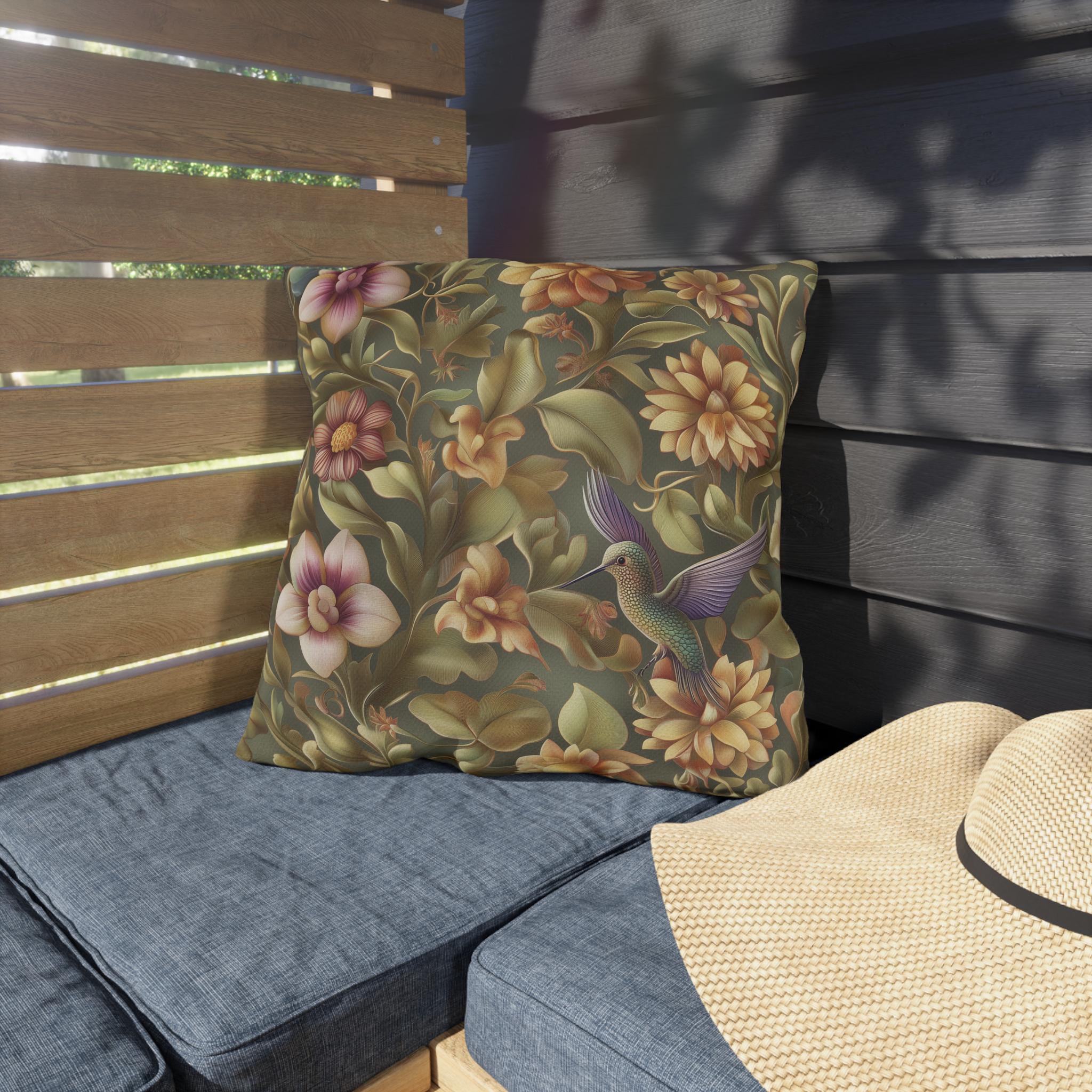 Elegant Hummingbird Floral Outdoor Pillow: William Morris Inspired Garden Cushion for Patio & Porch