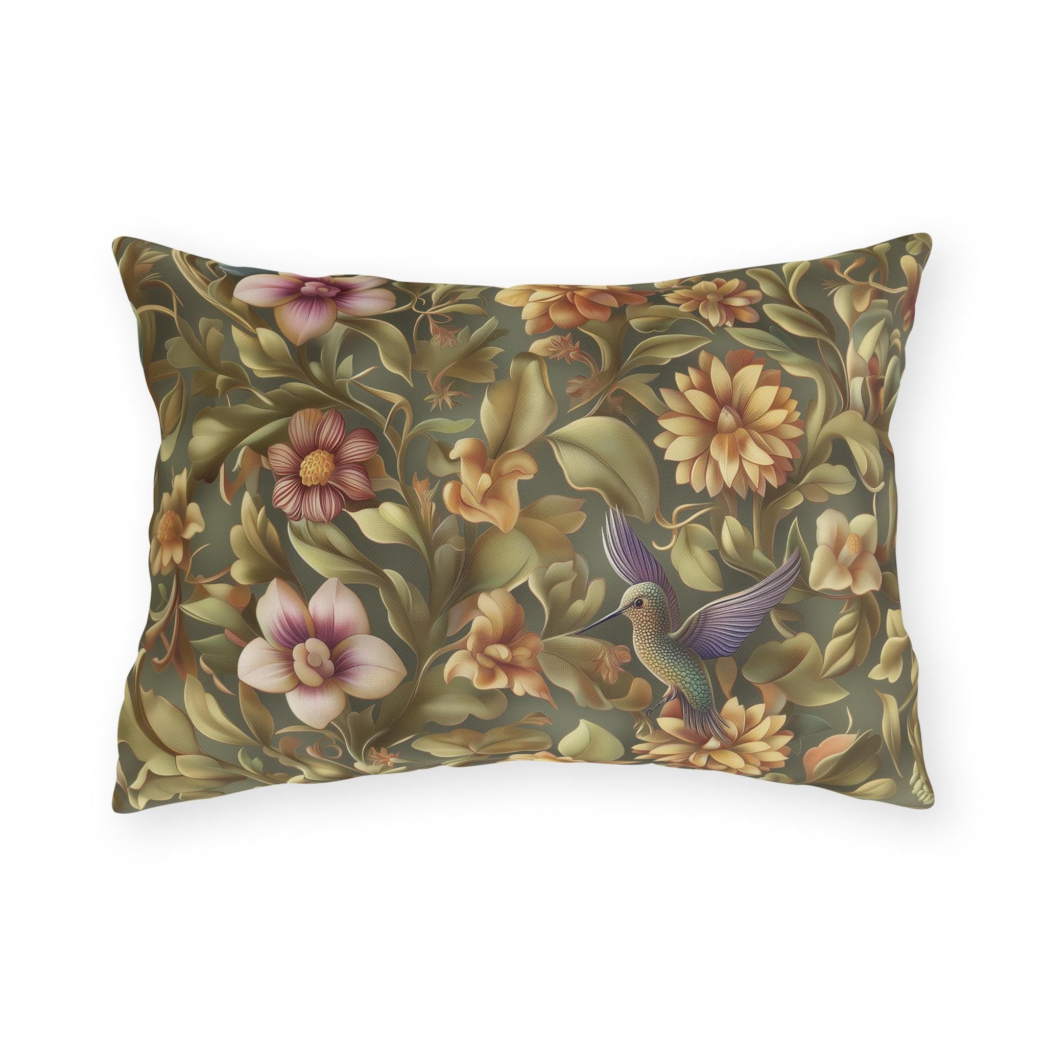 Elegant Hummingbird Floral Outdoor Pillow: William Morris Inspired Garden Cushion for Patio & Porch