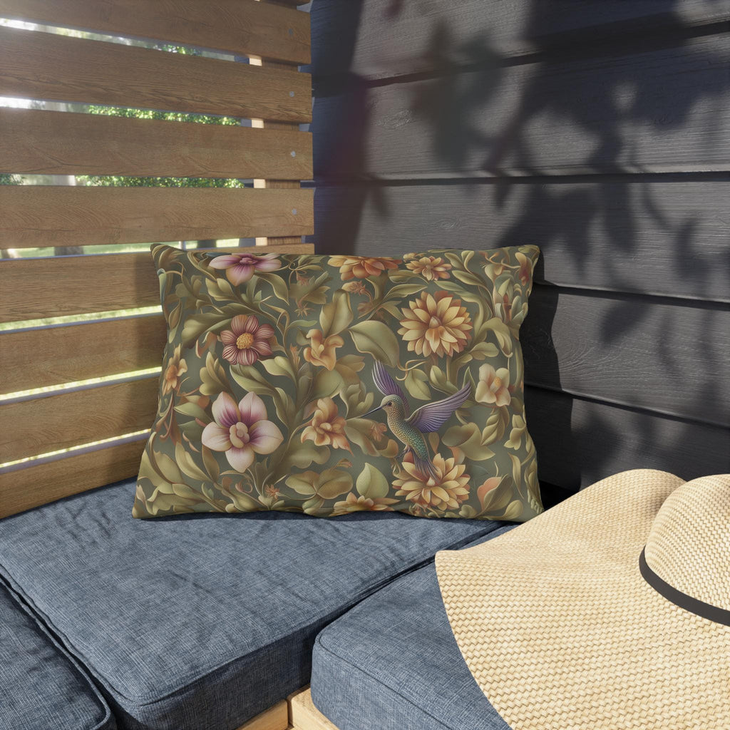 Elegant Hummingbird Floral Outdoor Pillow: William Morris Inspired Garden Cushion for Patio & Porch