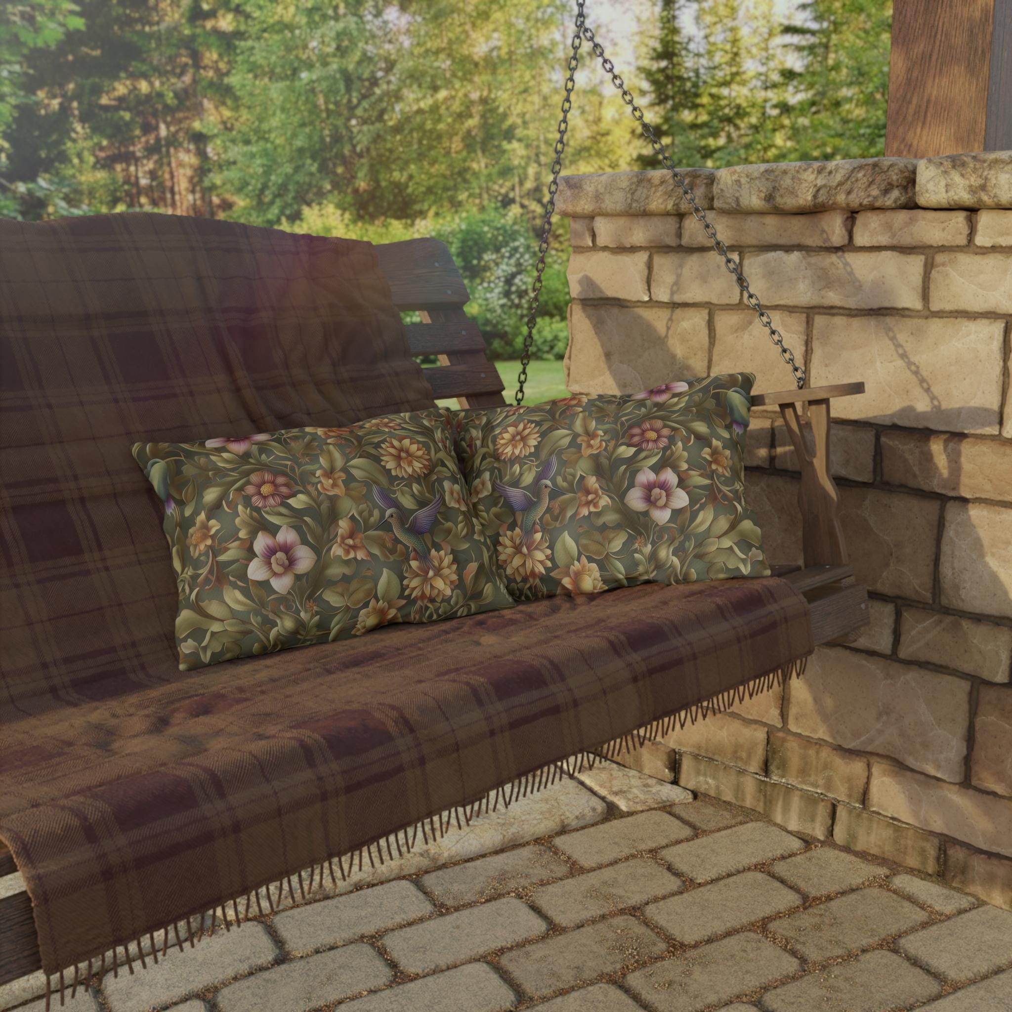 Elegant Hummingbird Floral Outdoor Pillow: William Morris Inspired Garden Cushion for Patio & Porch
