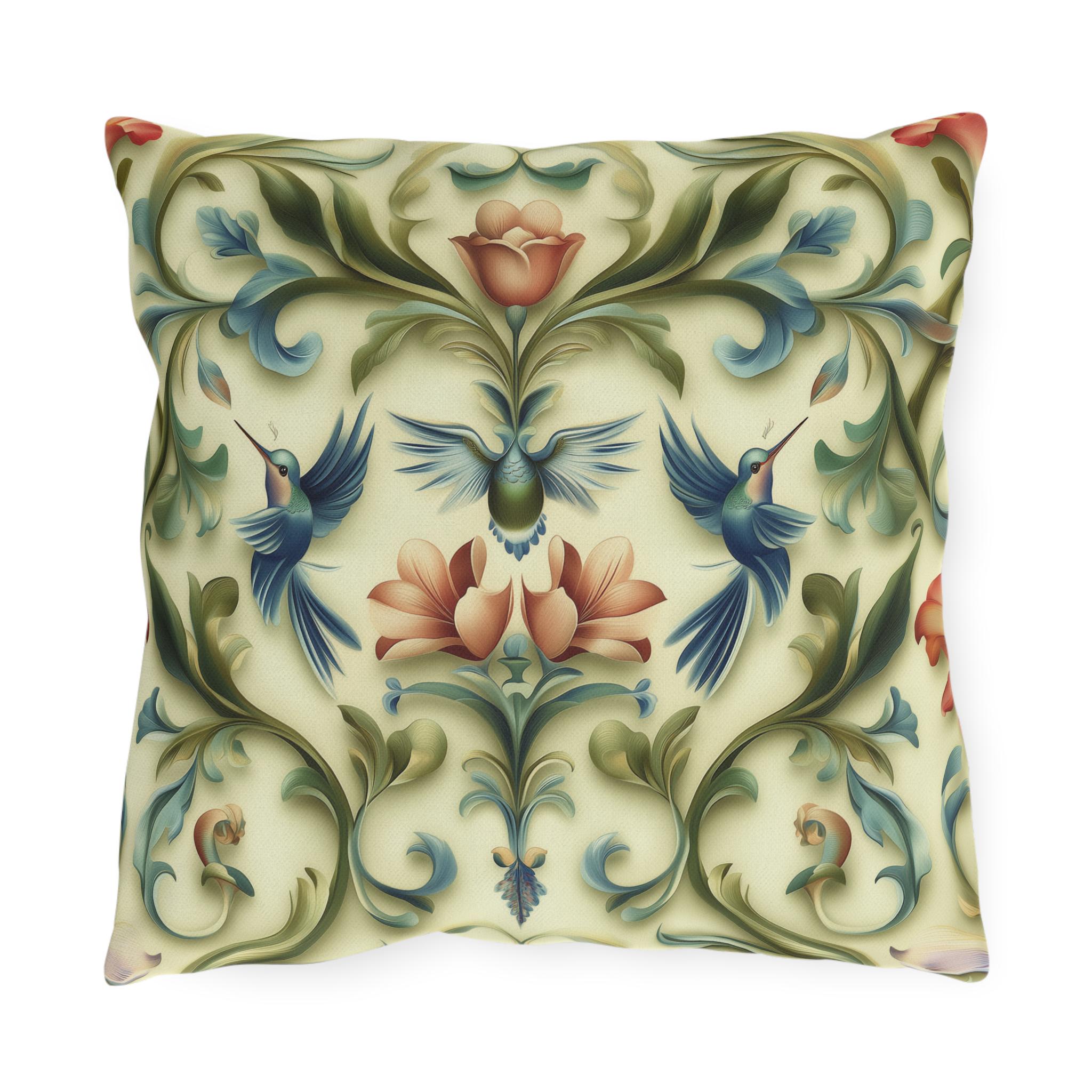 Vintage-Inspired Hummingbird Pillow: Elegant Floral Cushion for Outdoor Garden, Patio, or Porch Decor