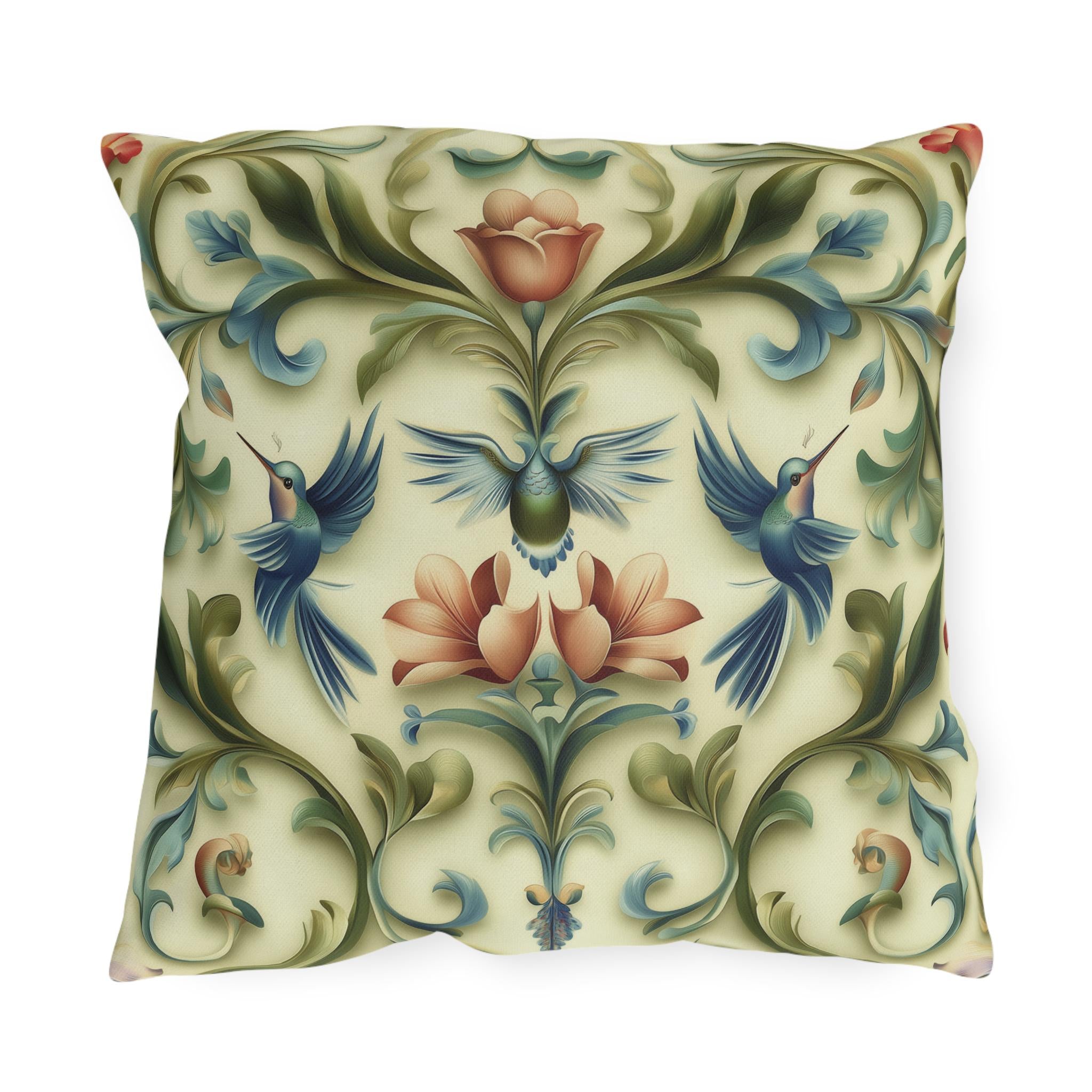 Vintage-Inspired Hummingbird Pillow: Elegant Floral Cushion for Outdoor Garden, Patio, or Porch Decor